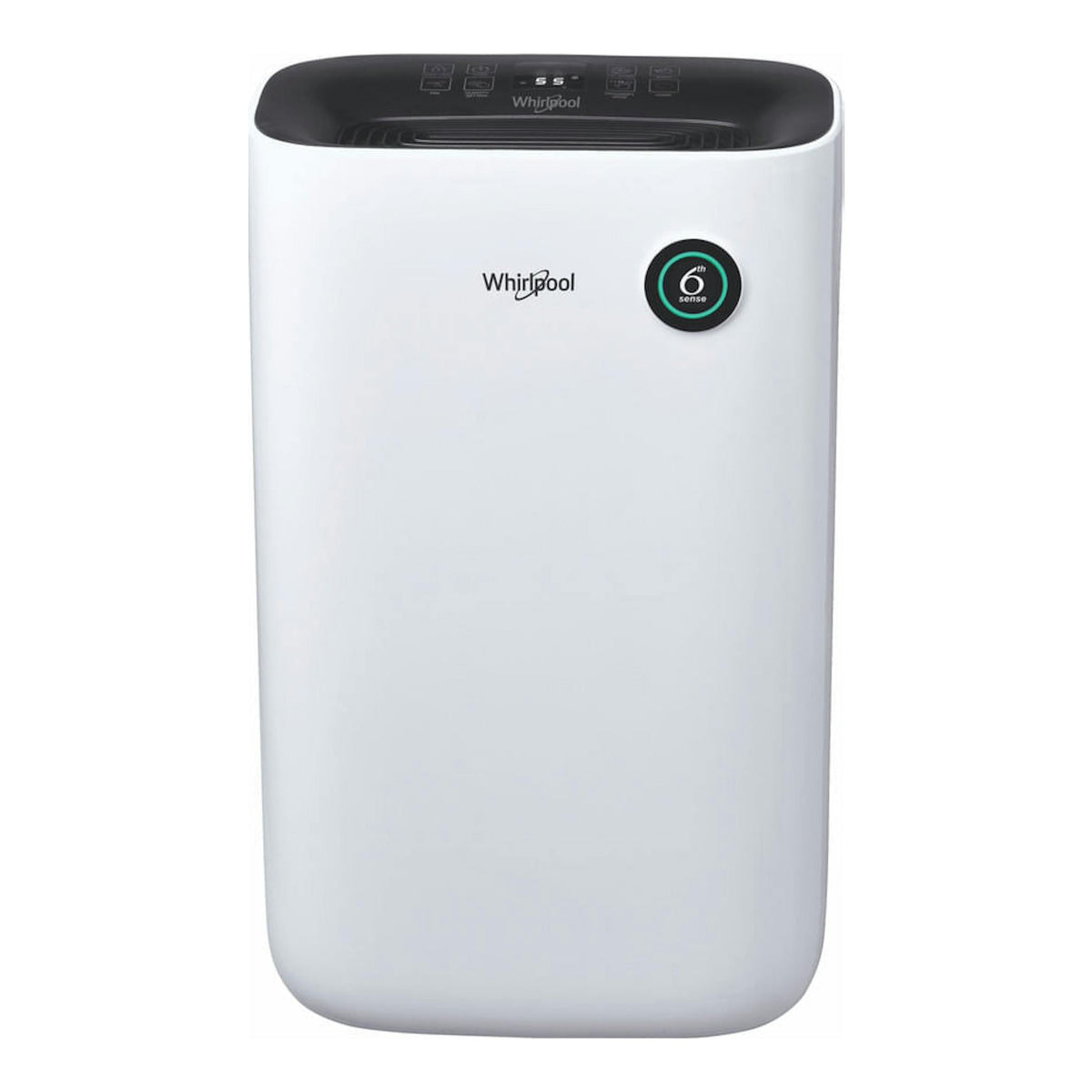 Deshumidificador Whirlpool blanco, vista frontal, con panel superior negro y pantalla circular 6th Sense.