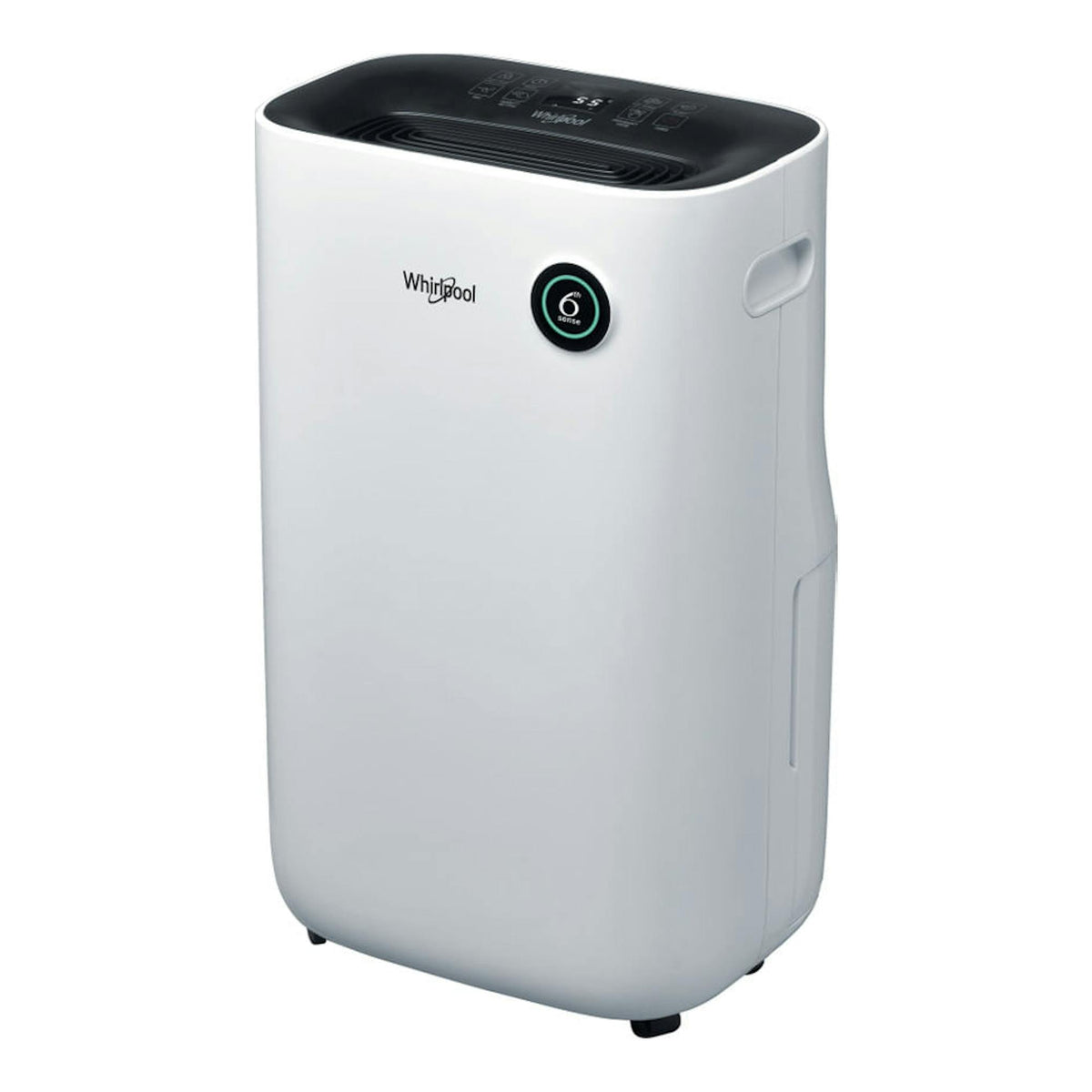 Deshumidificador Whirlpool DE20W5252 blanco, vista frontal en ángulo, con panel superior negro.