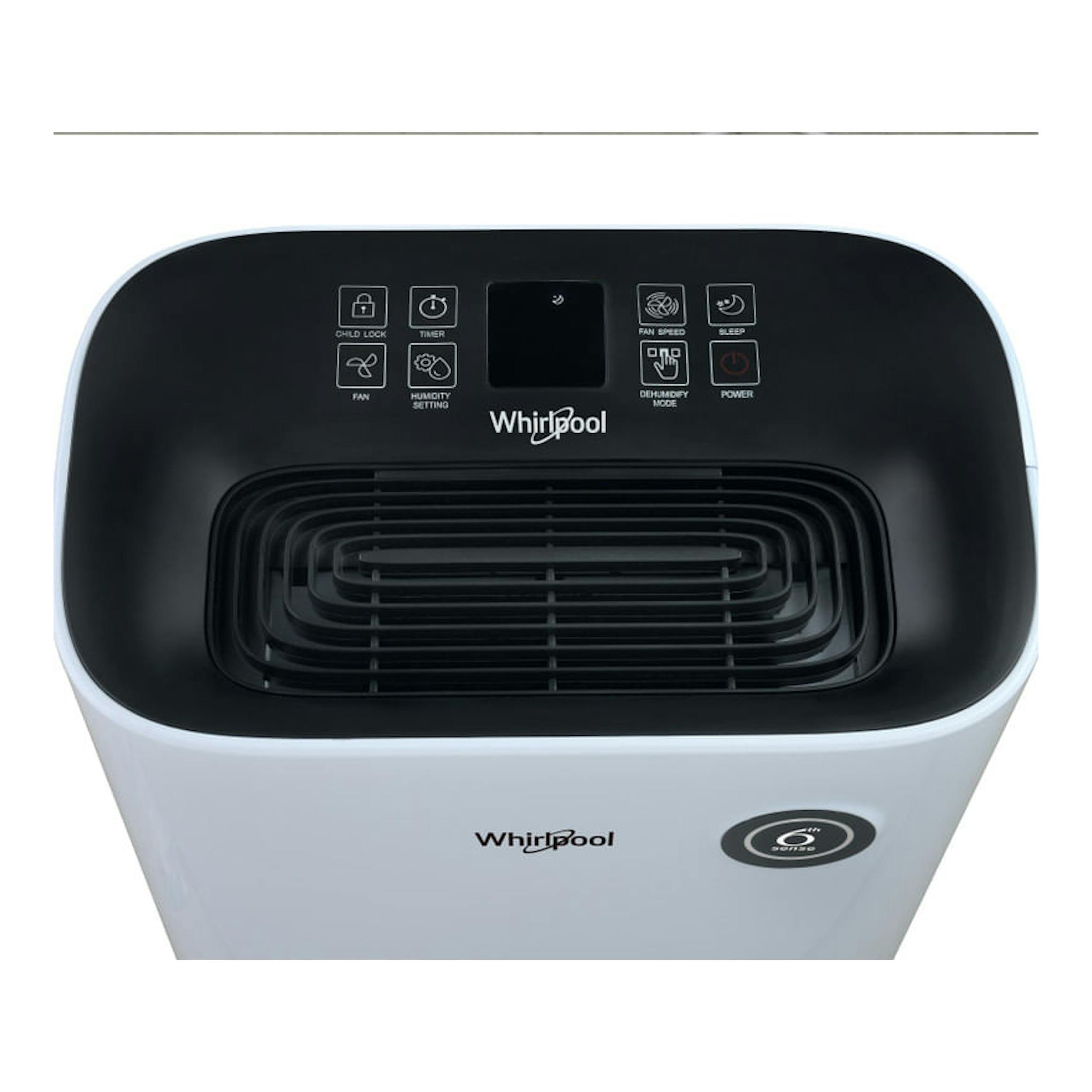 Deshumidificador Whirlpool DE20W5252 blanco y negro, vista frontal superior con rejilla.