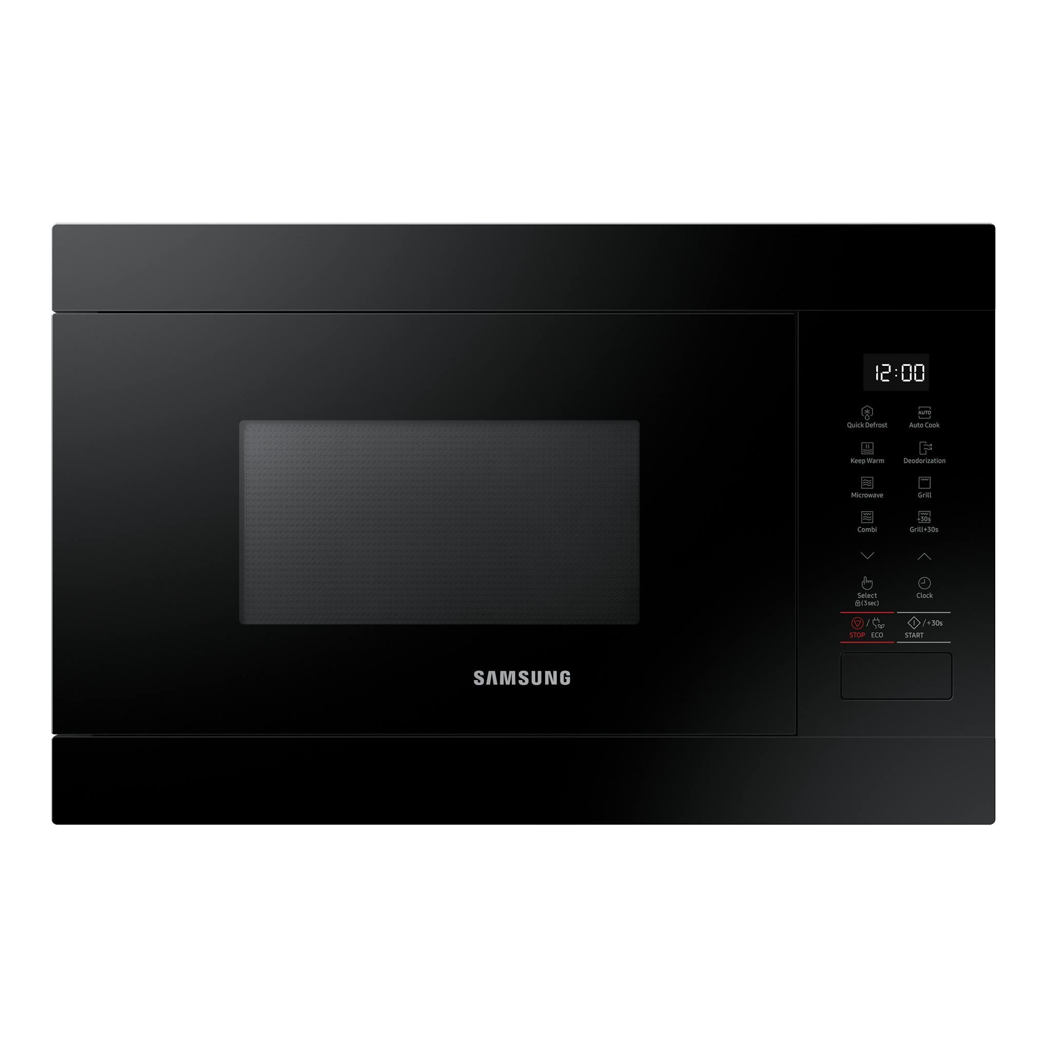 Microondas integrable Samsung MG22M8254AK/E1 negro, vista frontal con panel digital a la derecha.