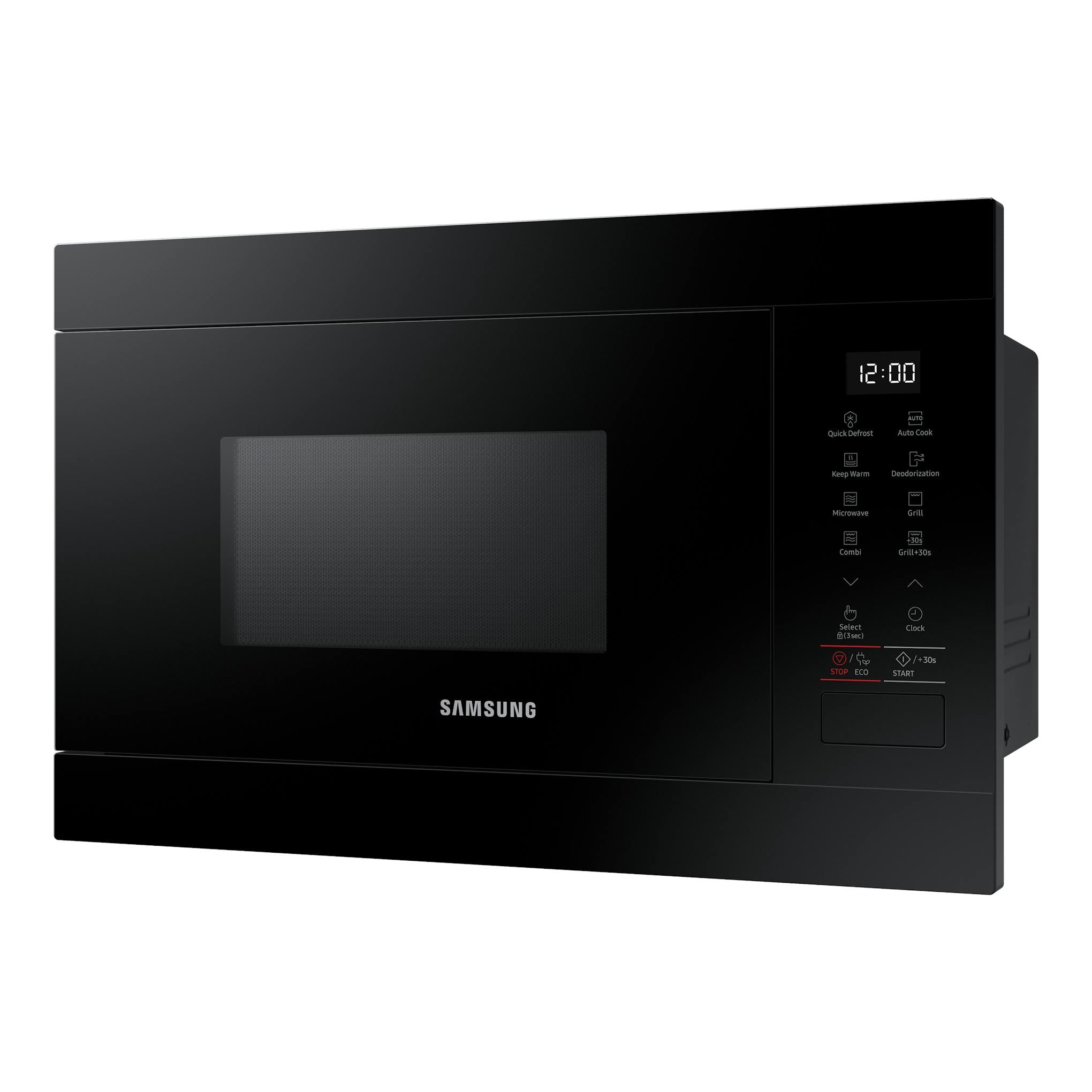 Microondas integrable Samsung MG22M8254AK/E1 negro, vista frontal en ángulo, con panel digital y grill.