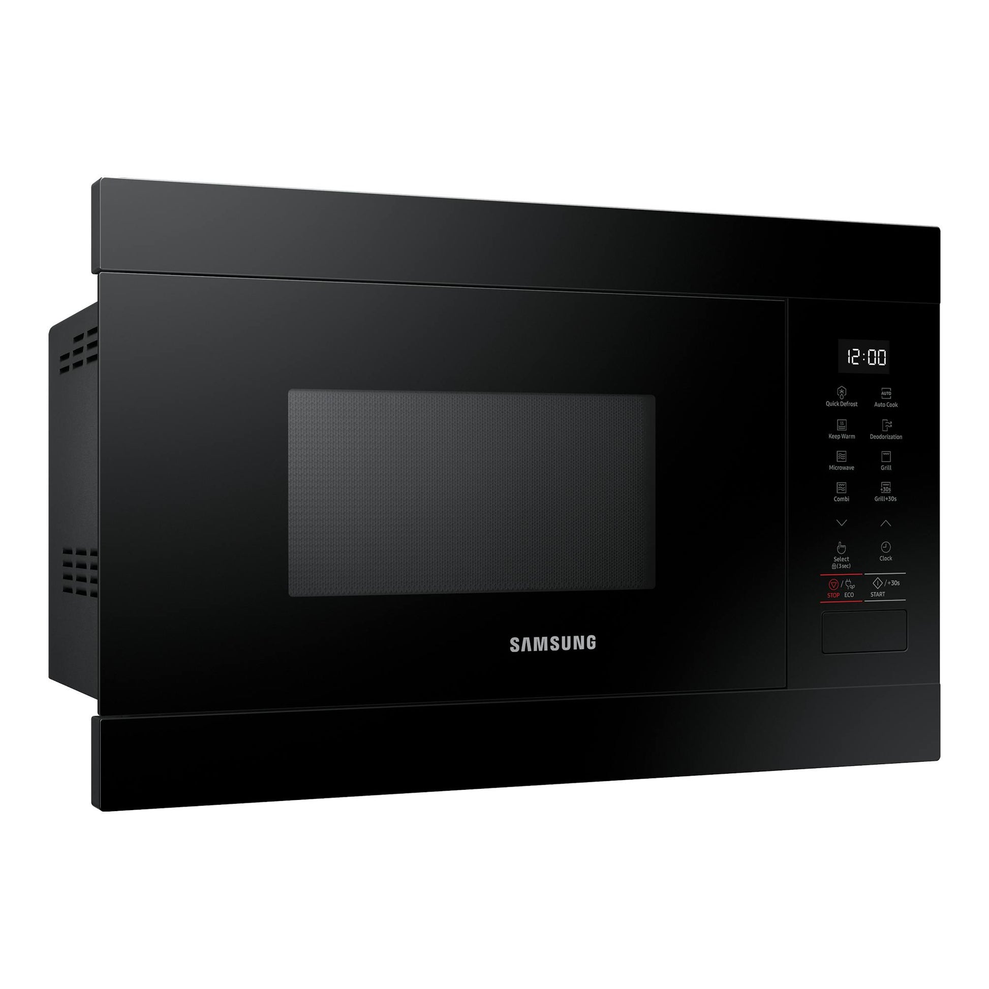 Microondas integrable Samsung MG22M8254AK/E1 negro, vista frontal en ángulo, con panel digital y pantalla.