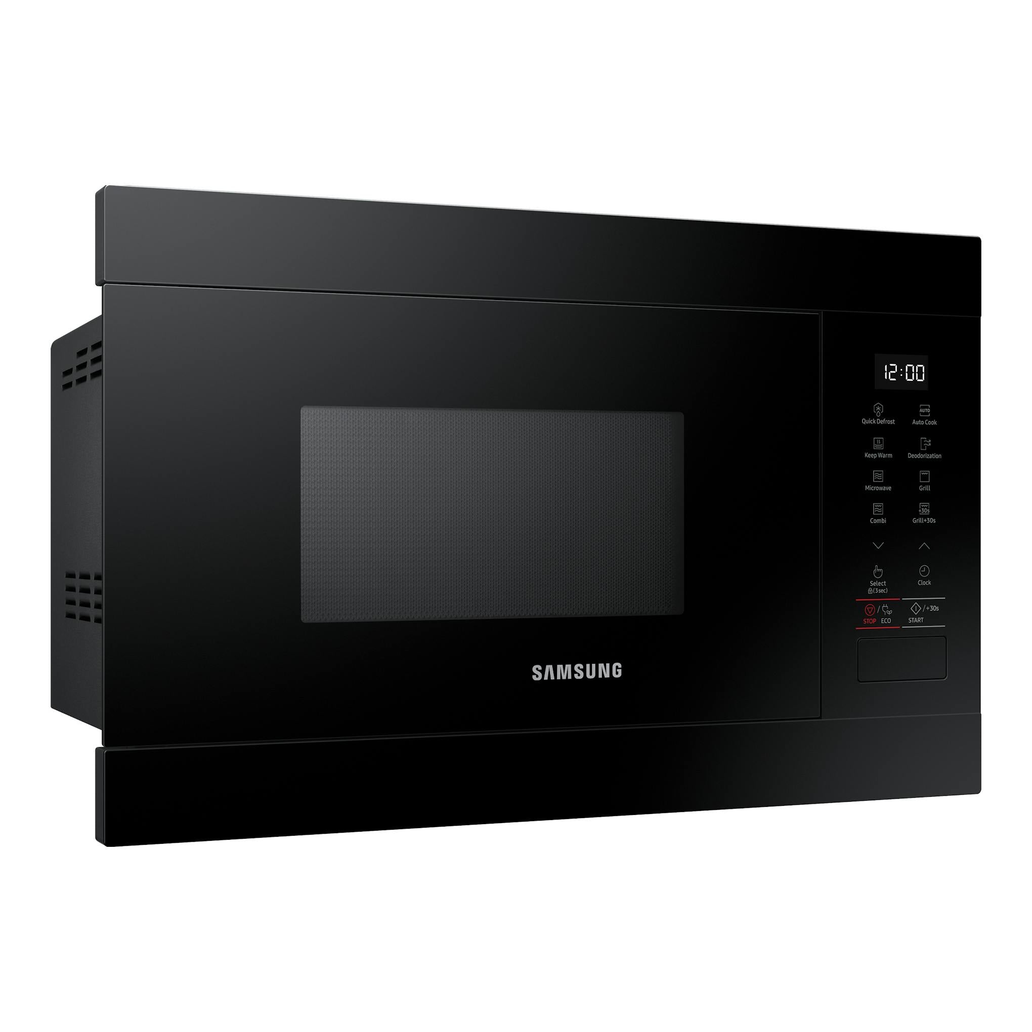 Microondas integrable Samsung MG22M8254AK/E1 negro, vista frontal en ángulo, con panel digital y pantalla.