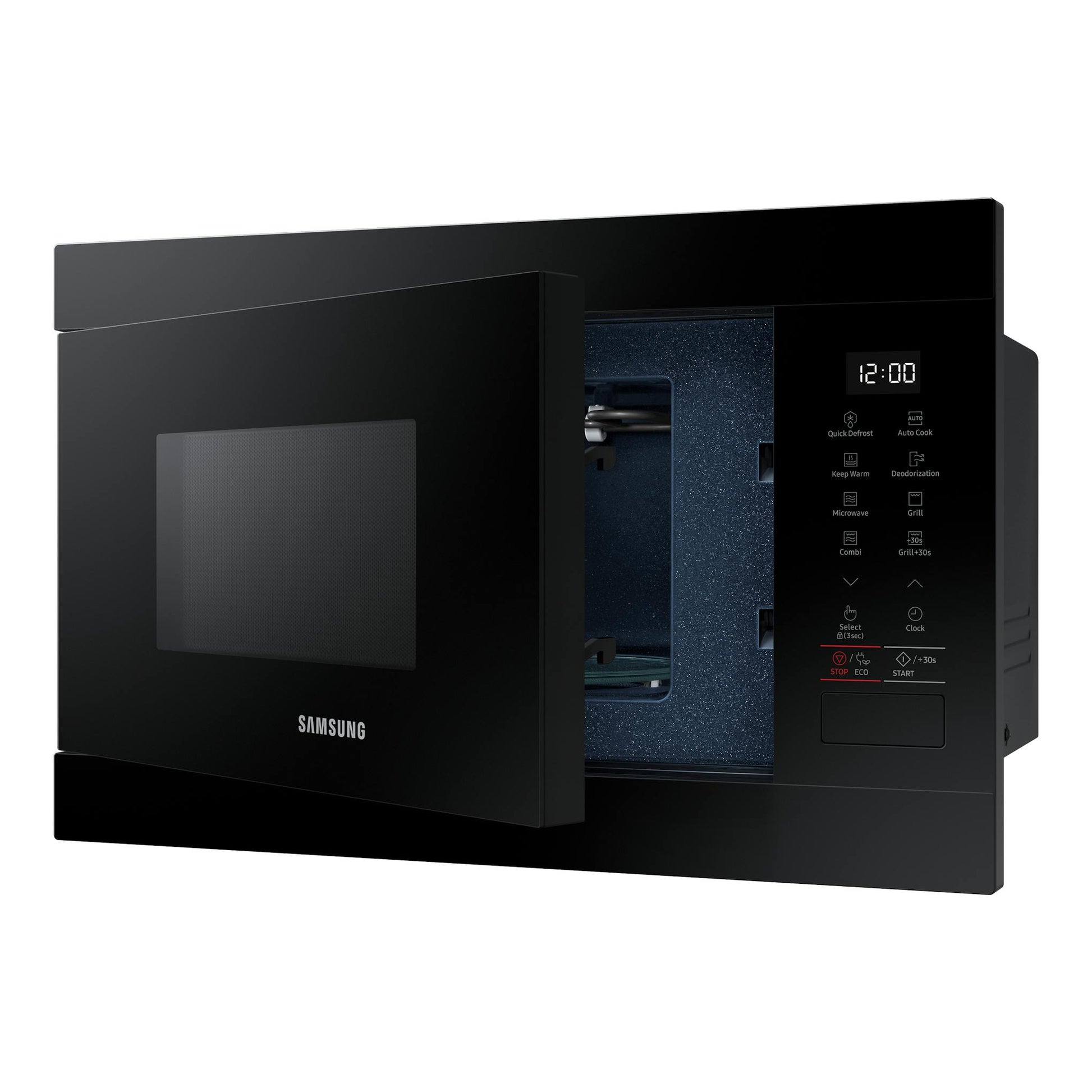 Microondas integrable Samsung MG22M8254AK/E1 negro, vista frontal con puerta abierta y panel digital.