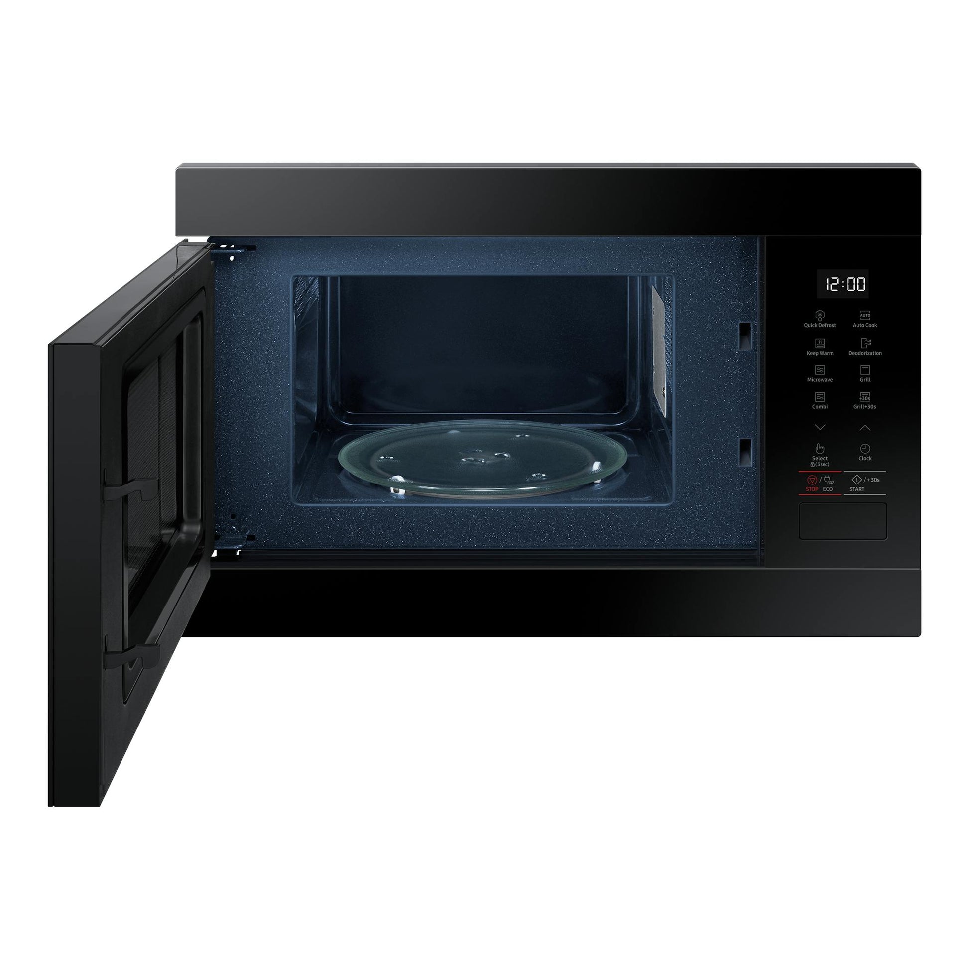 Microondas integrable Samsung MG22M8254AK/E1 negro, vista frontal con la puerta abierta.