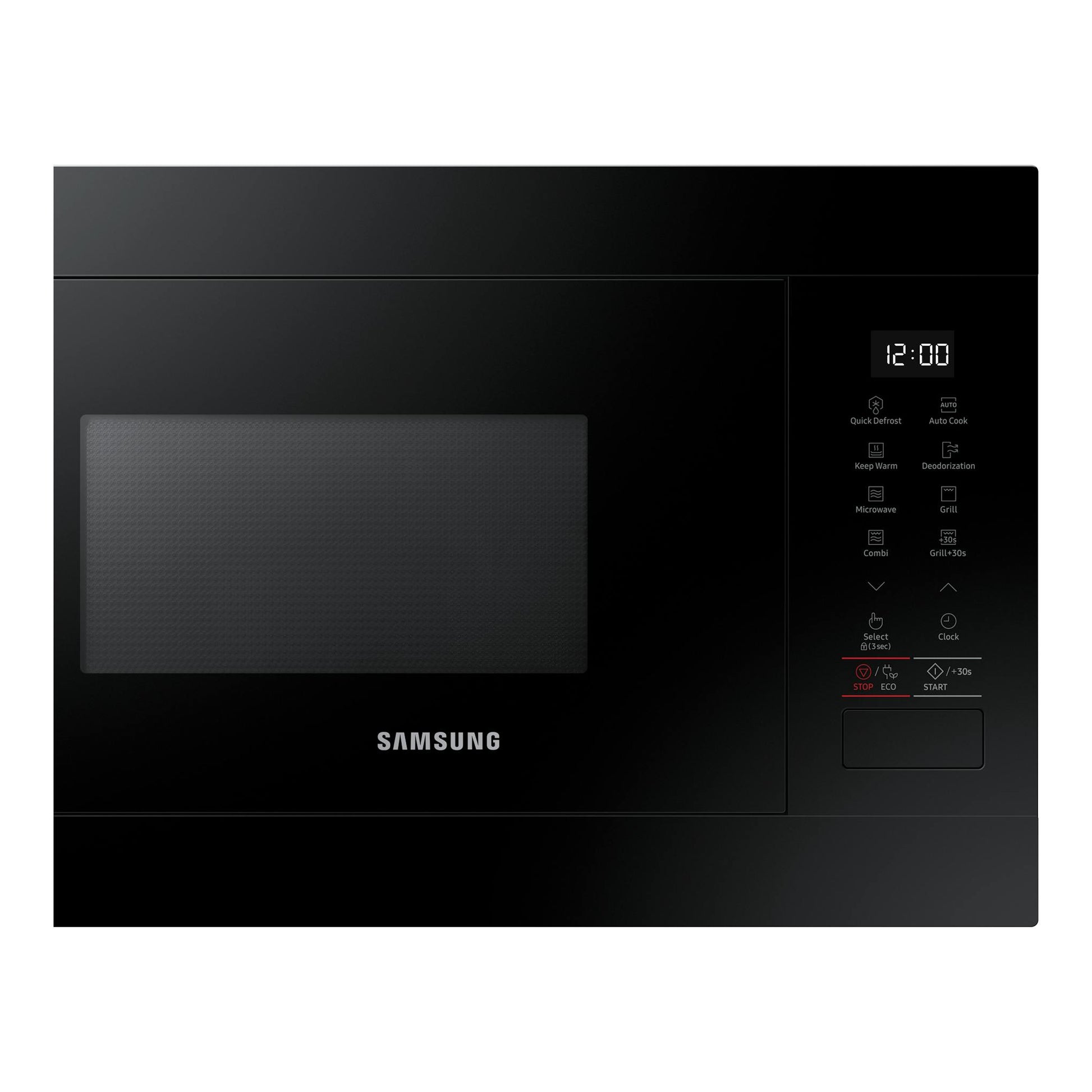 Microondas integrable Samsung negro, vista frontal, con panel digital y función grill.