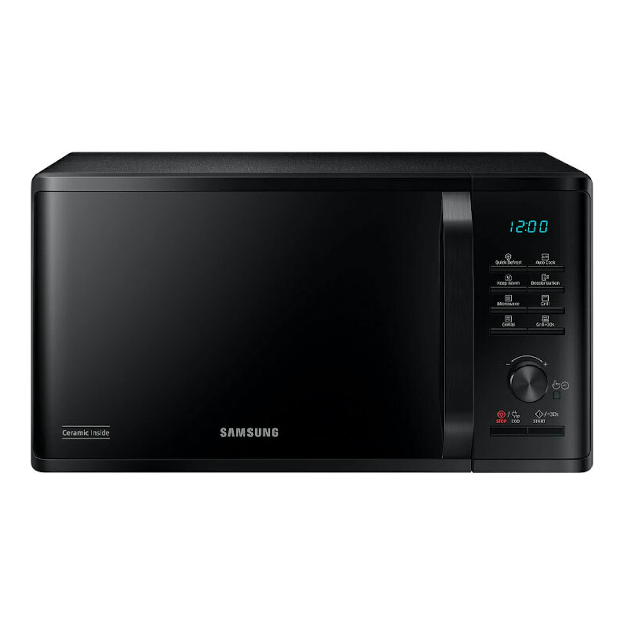 Microondas Samsung MG23K3515AK/E1 negro, vista frontal, con panel de control digital a la derecha.