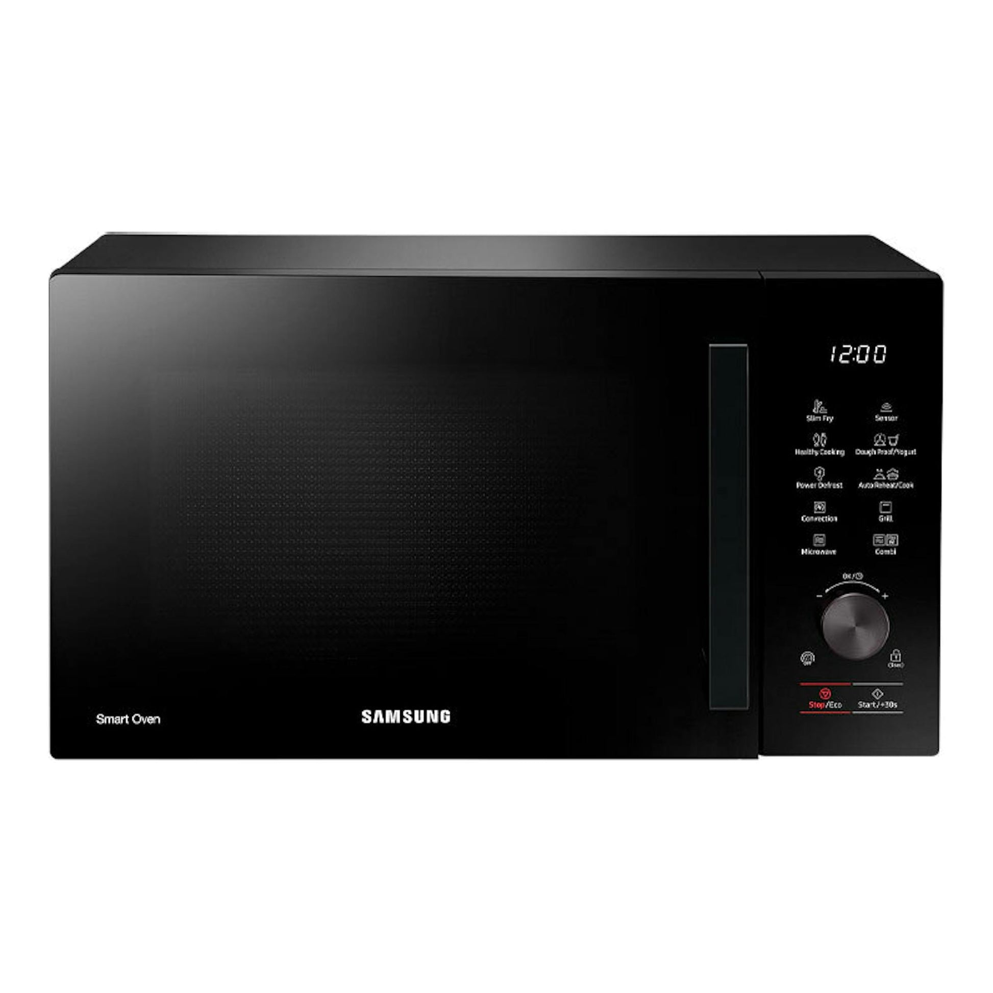 Microondas Samsung MC28A5137CK/E1 negro, vista frontal, con panel digital y perilla lateral.