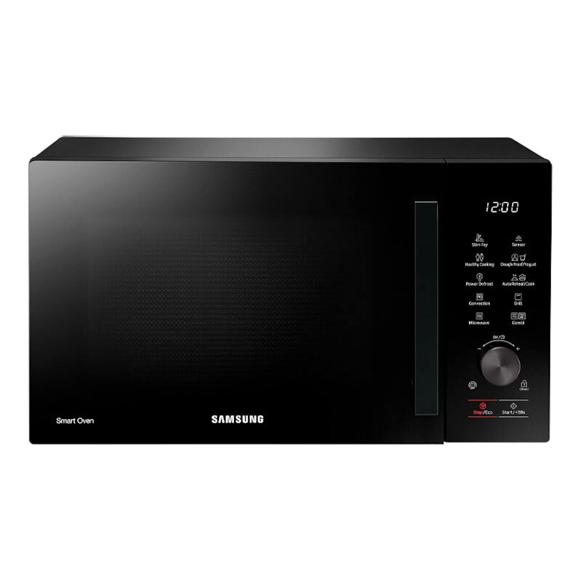 Microondas Samsung MC28A5137CK/E1 negro, vista frontal, con panel digital y perilla lateral.