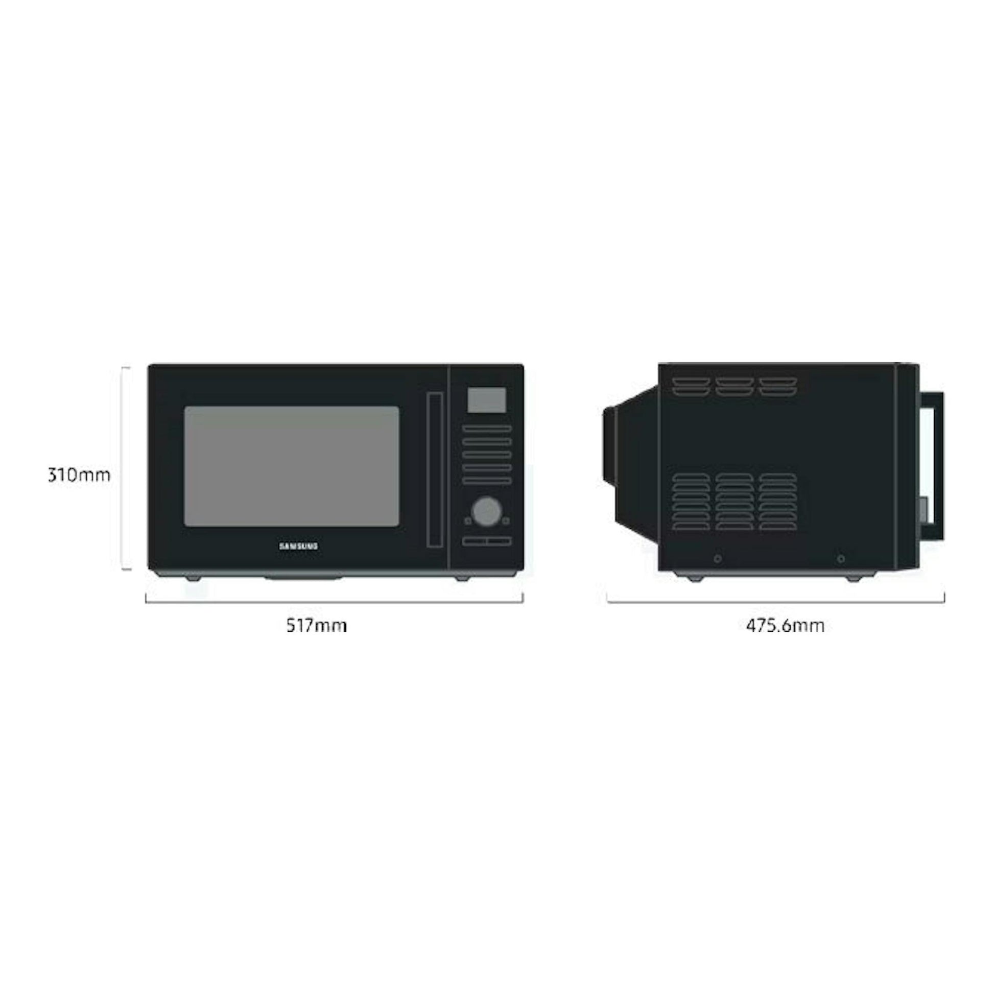 Microondas Samsung MC28A5137CK/E1 negro, vista frontal y lateral con medidas 517 x 310 x 475,6 mm.