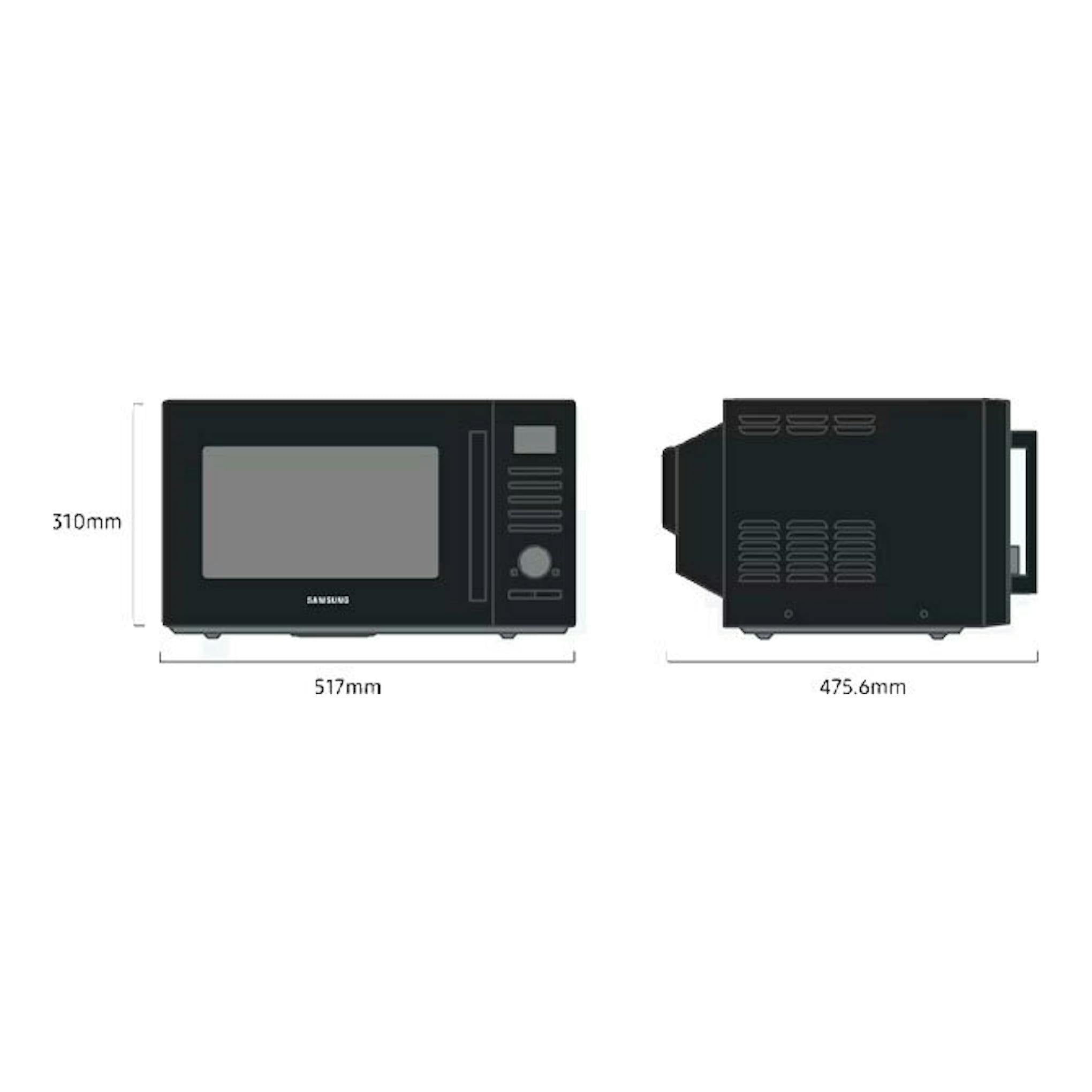 Microondas Samsung MC28A5137CK/E1 negro, vista frontal y lateral con medidas 517 x 310 x 475,6 mm.