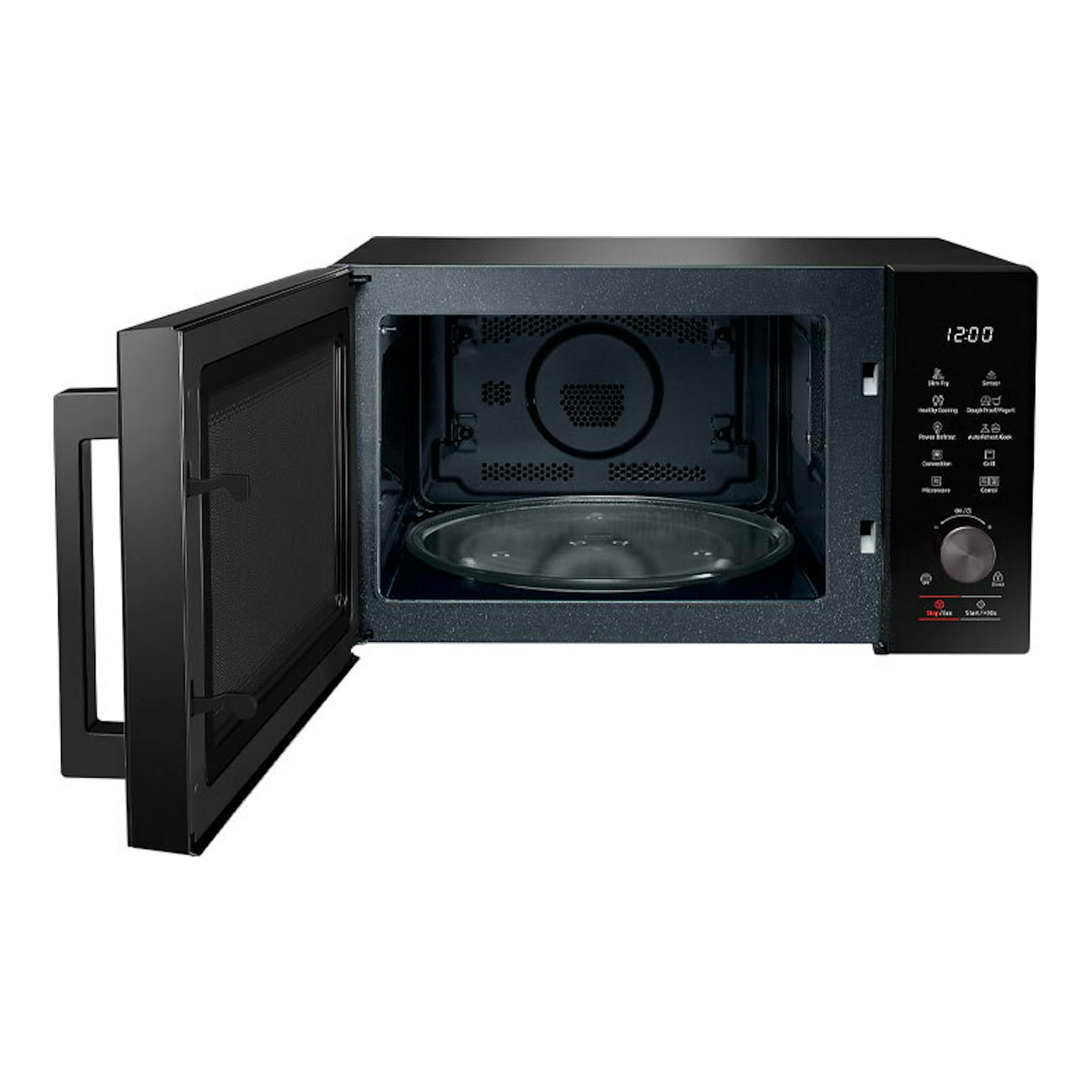 Microondas Samsung MC28A5137CK/E1 negro, vista frontal con la puerta abierta y panel de control digital.