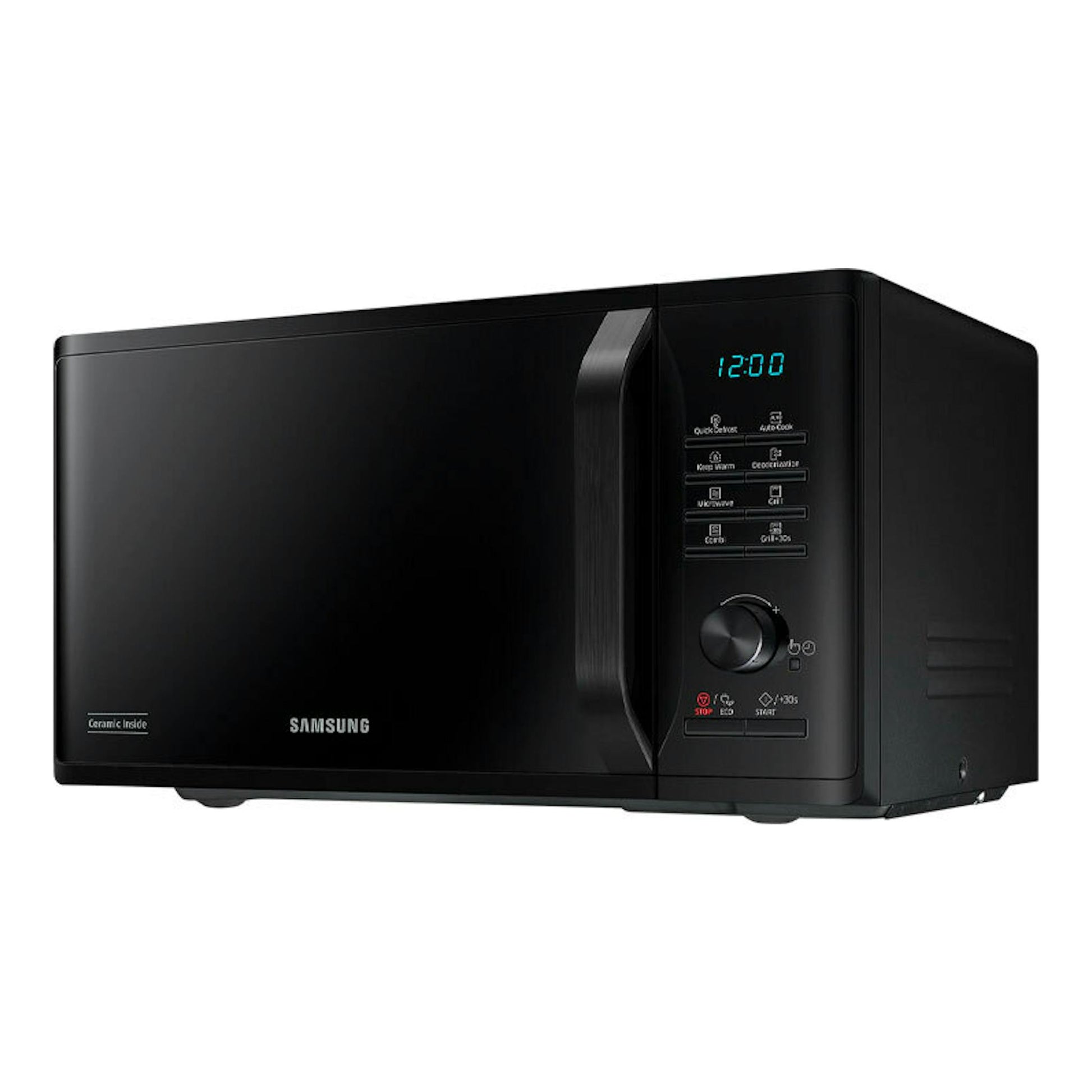 Microondas Samsung MG23K3515AK/E1 negro, vista frontal en ángulo, con panel digital y selector giratorio.
