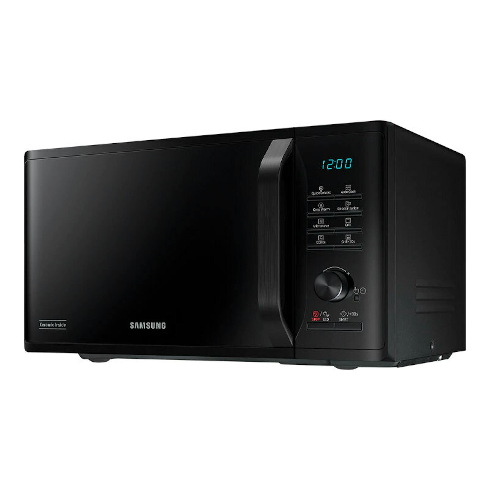 Microondas Samsung MG23K3515AK/E1 negro, vista frontal en ángulo, con panel digital y selector giratorio.