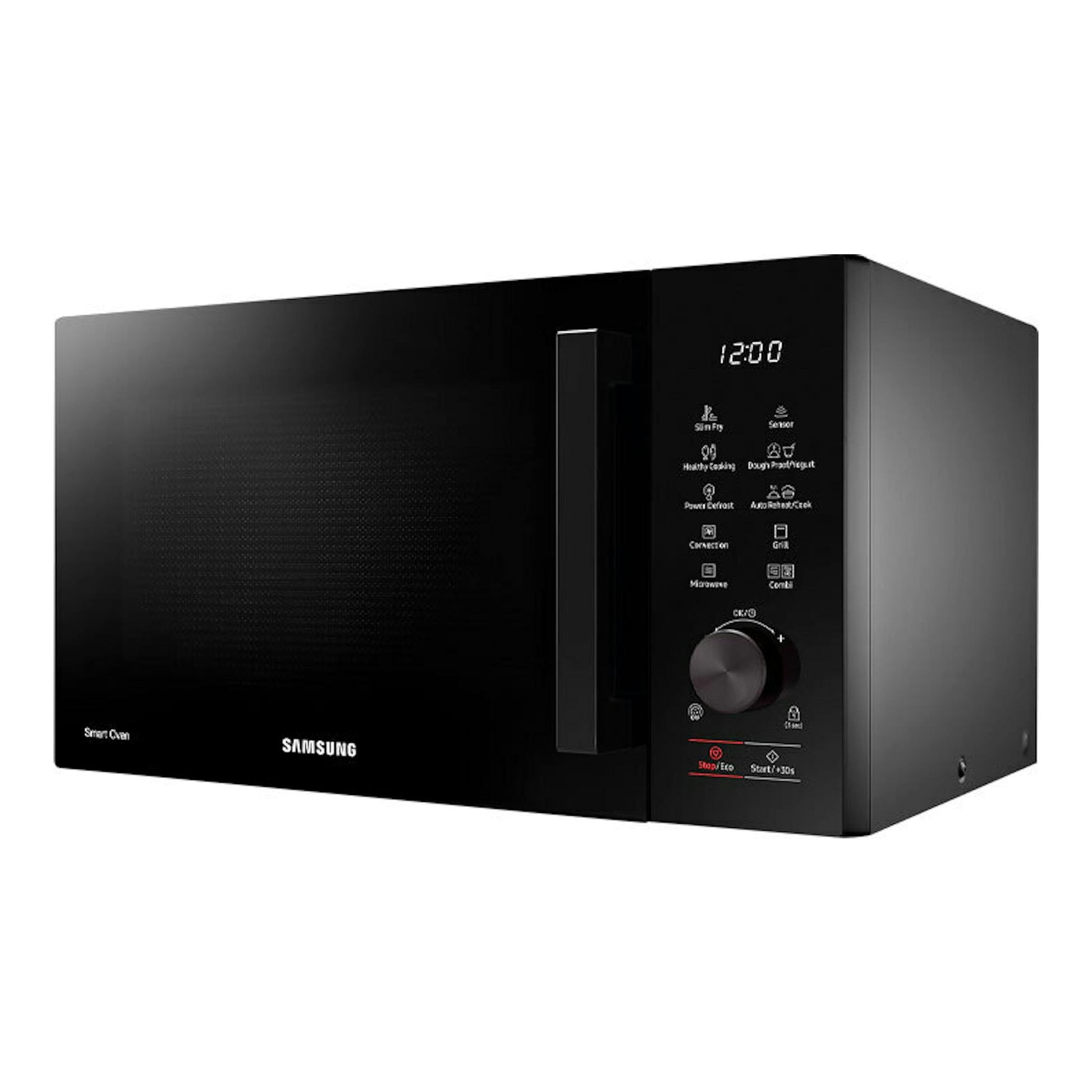 Microondas Samsung MC28A5137CK/E1 negro, vista frontal en ángulo derecho, con panel digital y puerta negra.