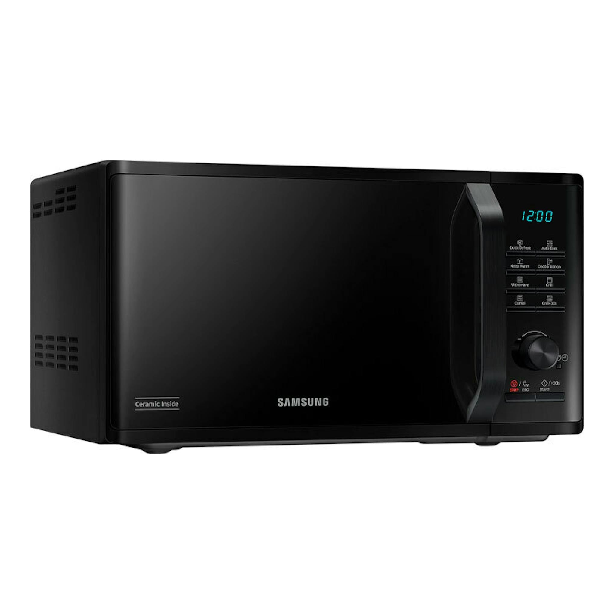 Microondas Samsung MG23K3515AK/E1 negro, vista frontal en ángulo, con panel digital a la derecha.