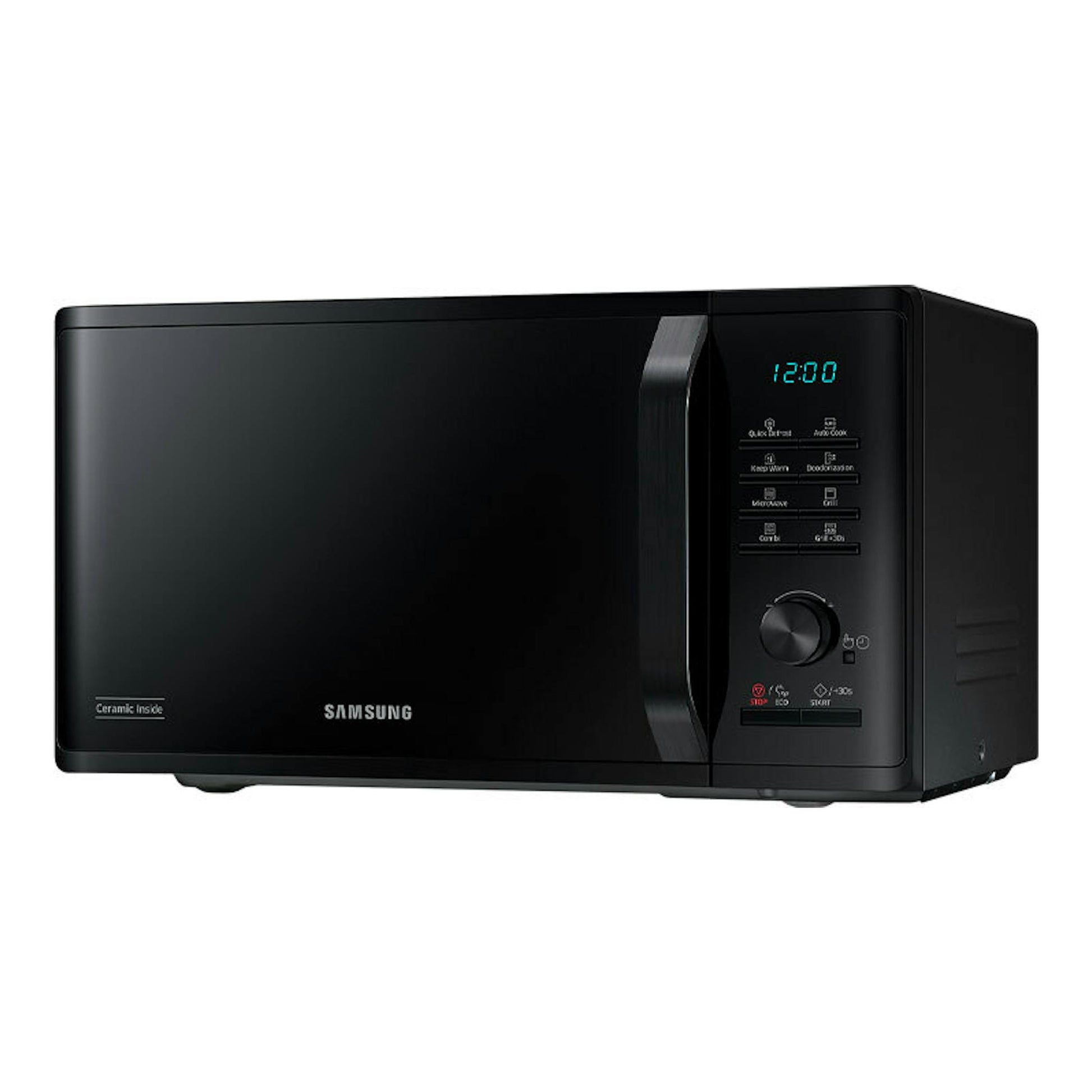 Microondas Samsung MG23K3515AK/E1 negro, vista frontal en ángulo con panel digital a la derecha.