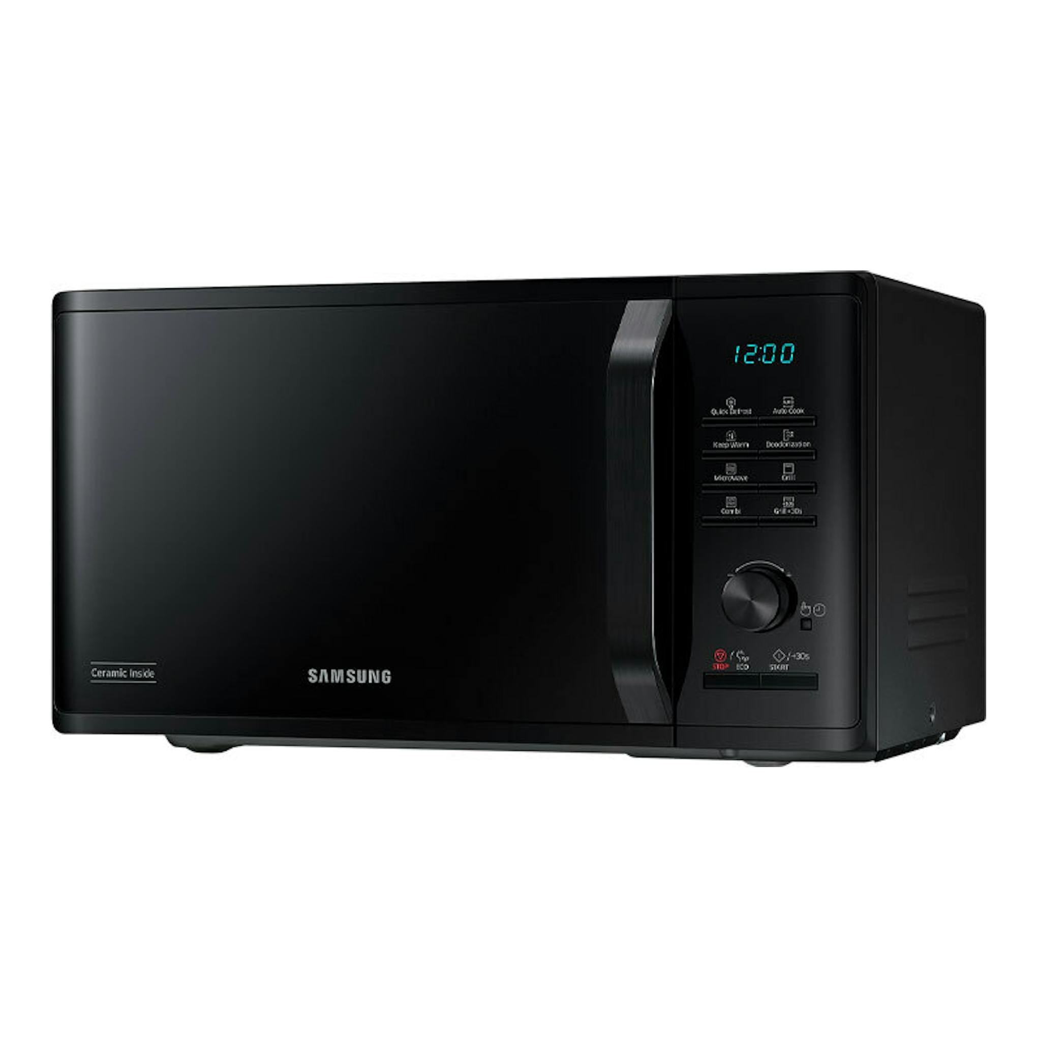Microondas Samsung MG23K3515AK/E1 negro, vista frontal en ángulo con panel digital a la derecha.