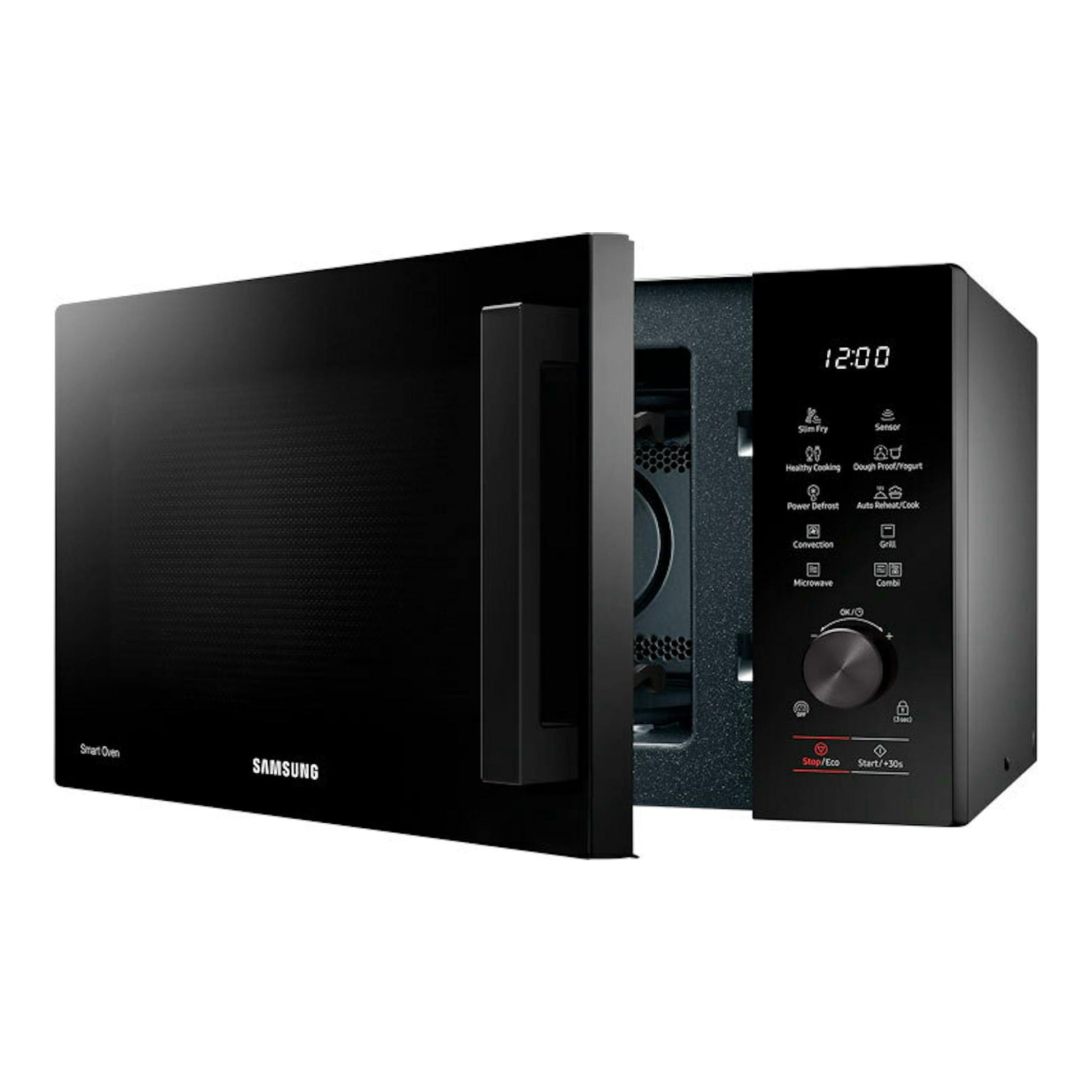 Microondas Samsung MC28A5137CK/E1 negro, vista frontal en tres cuartos, con la puerta abierta y panel digital.