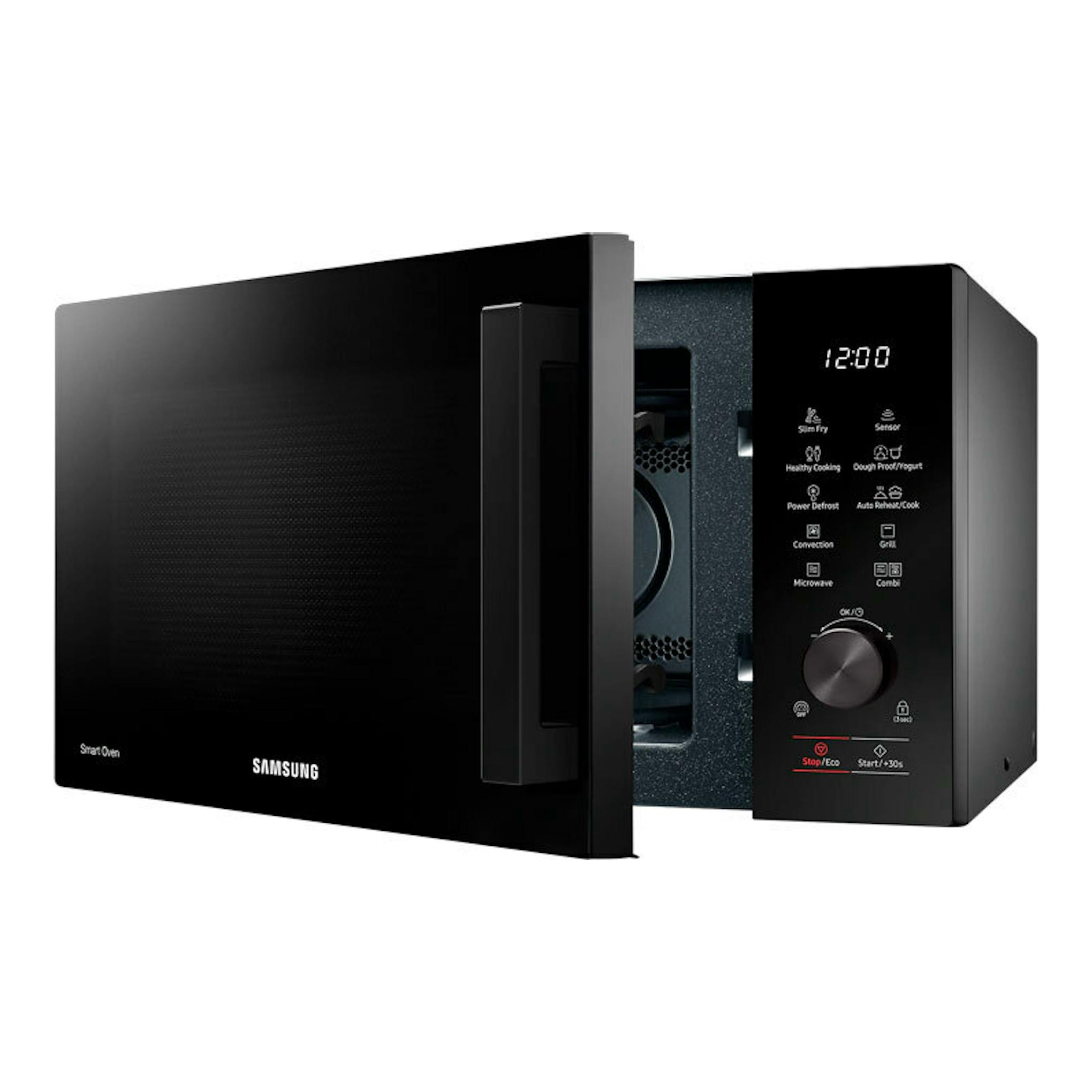 Microondas Samsung MC28A5137CK/E1 negro, vista frontal en tres cuartos, con la puerta abierta y panel digital.