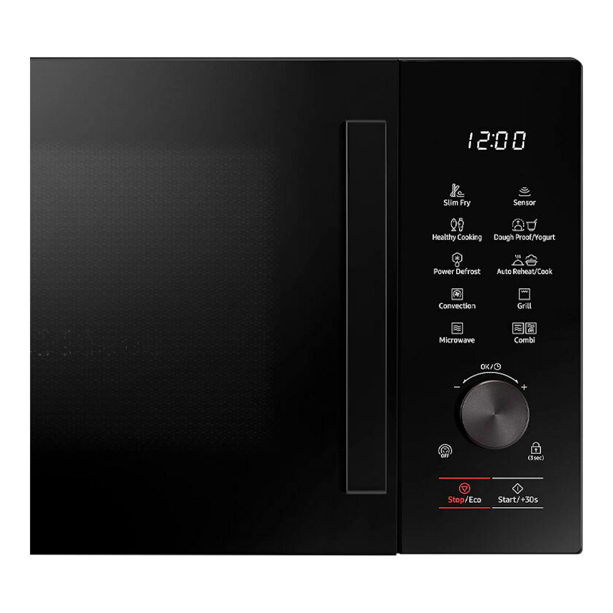 Microondas Samsung MC28A5137CK/E1 negro, vista frontal, con panel digital y mando giratorio.