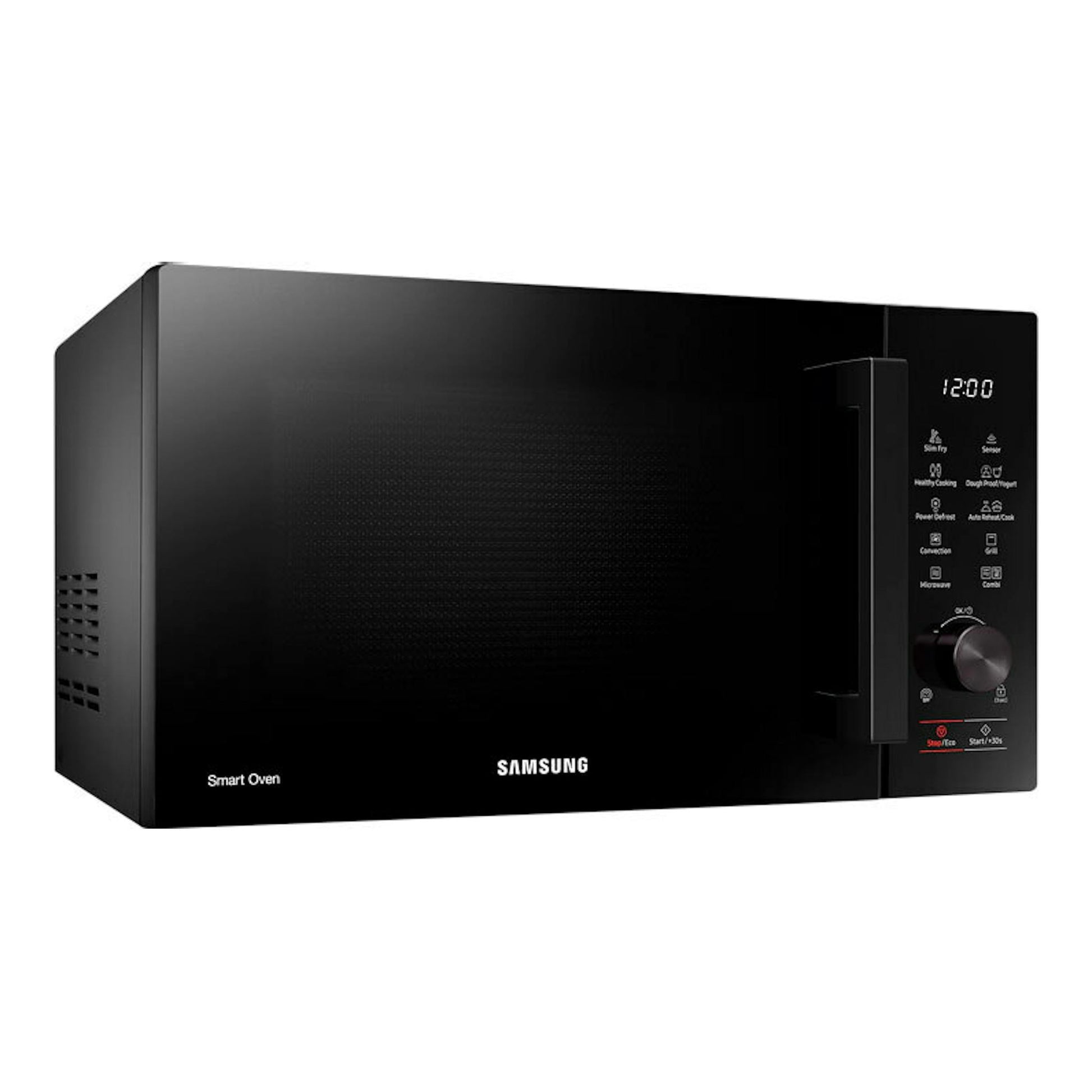 Microondas Samsung MC28A5137CK/E1 negro, vista frontal en ángulo, con panel digital y mando giratorio.