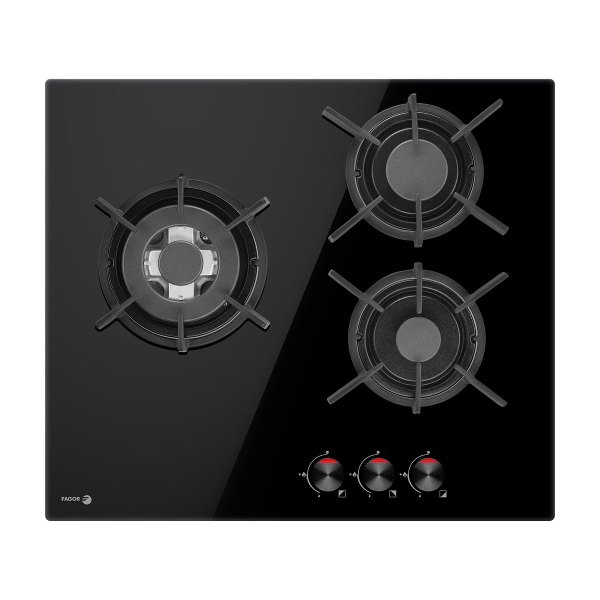 Placa de gas Fagor 3CFI-3GLSPB de 3 zonas con quemador wok y cristal negro