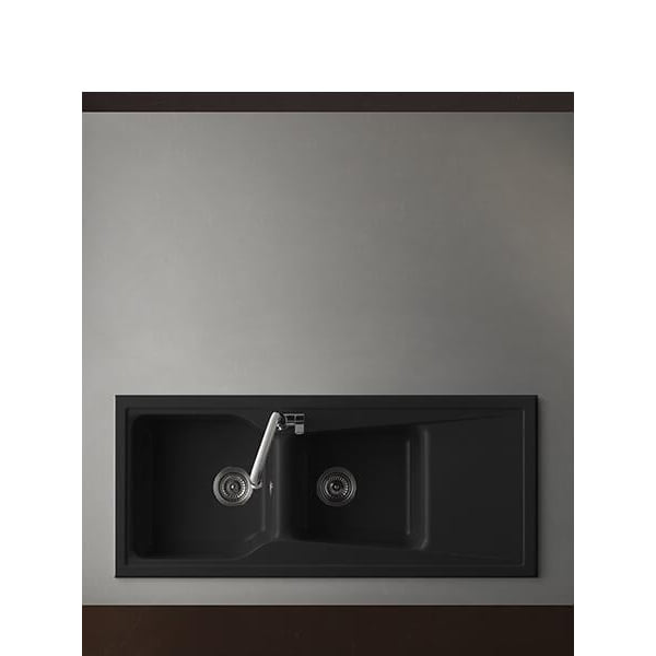 Fregadero Poalgi City 323 Roc Stone, negro brillo, dos cubetas y escurridor