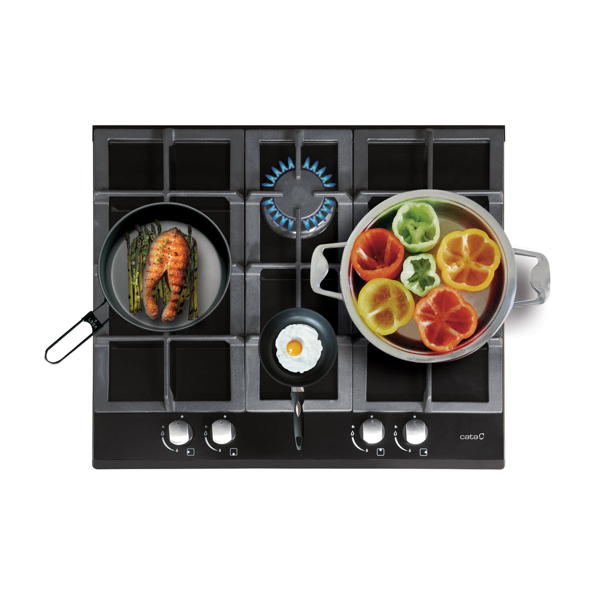 Placa de gas CATA LCI 6031 BK, 4 quemadores y cristal negro de 64 cm