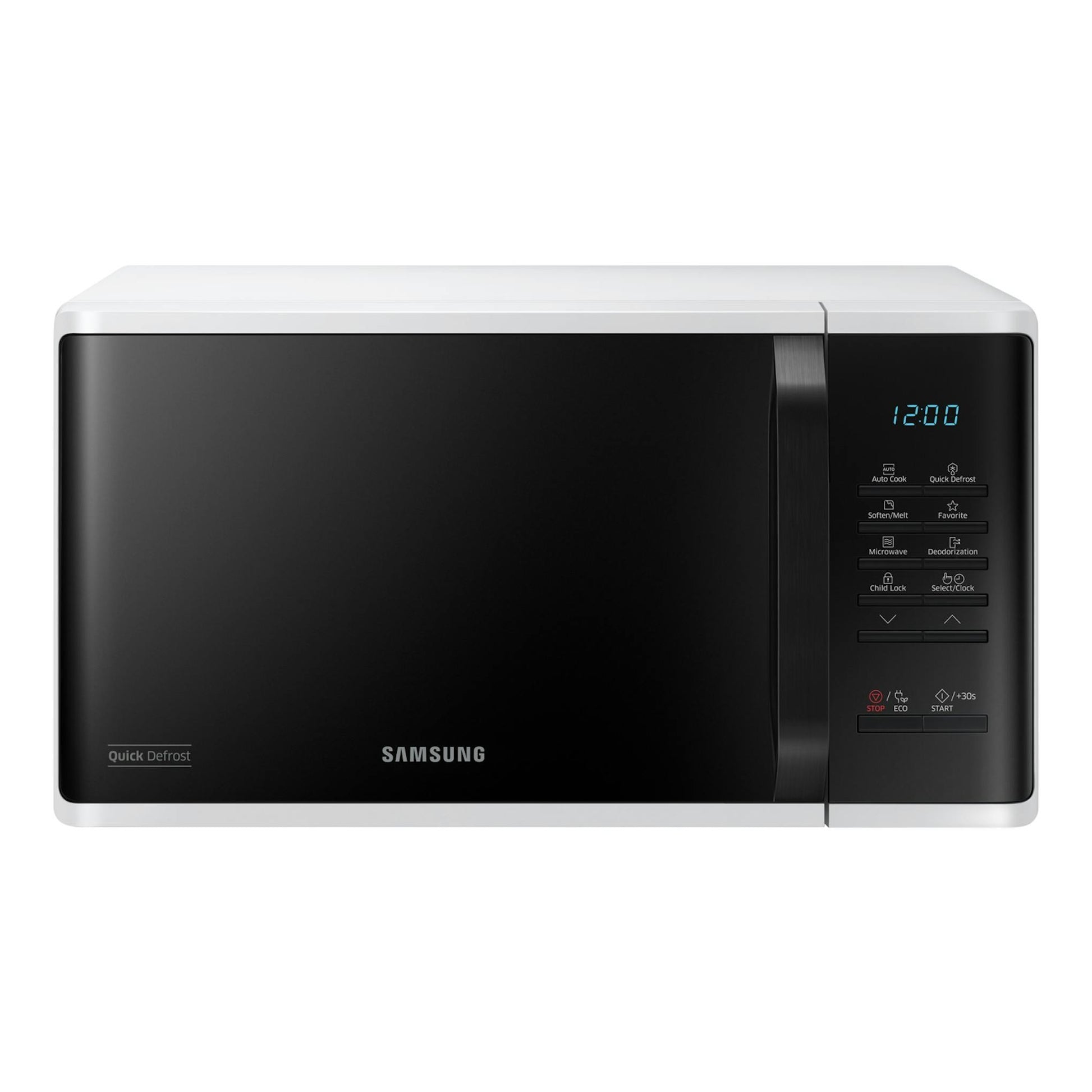 Microondas Samsung MS23K3513AW/EC, vista frontal, blanco y negro, con panel digital a la derecha.