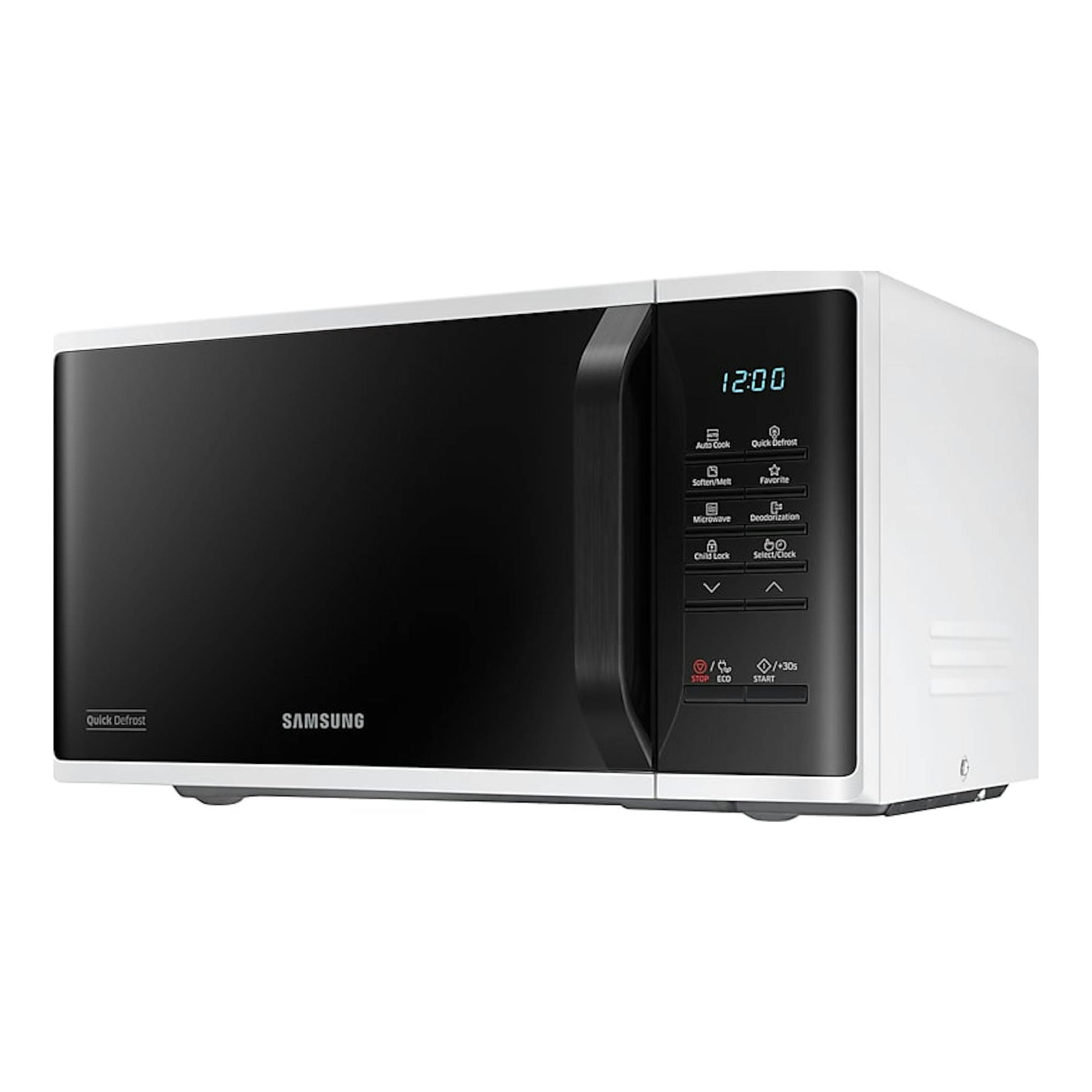 Microondas Samsung MS23K3513AW/EC blanco, vista frontal en tres cuartos, puerta negra y panel digital.