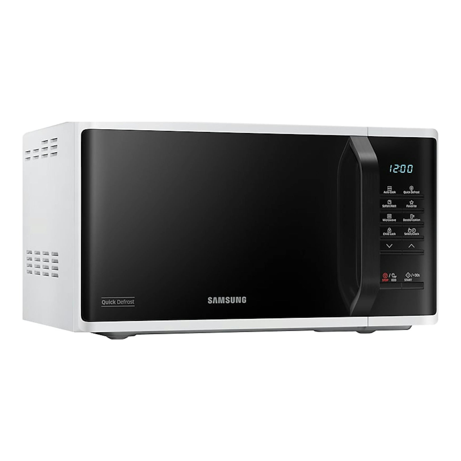 Microondas Samsung MS23K3513AW/EC blanco, vista frontal con panel digital negro a la derecha.
