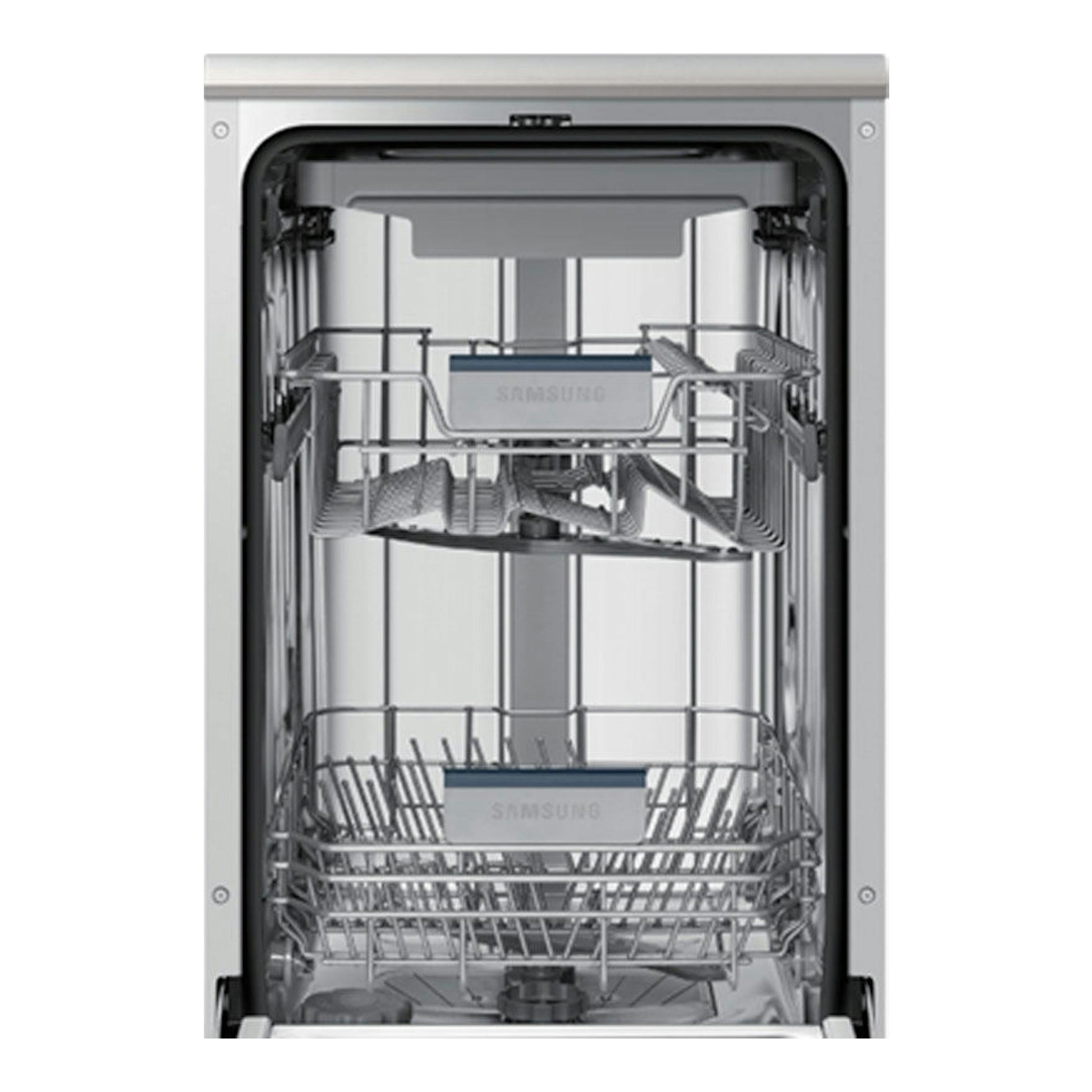 Lavavajillas Samsung DW50R4070FS/EC de 45 cm, vista frontal abierta, interior en acero inoxidable.