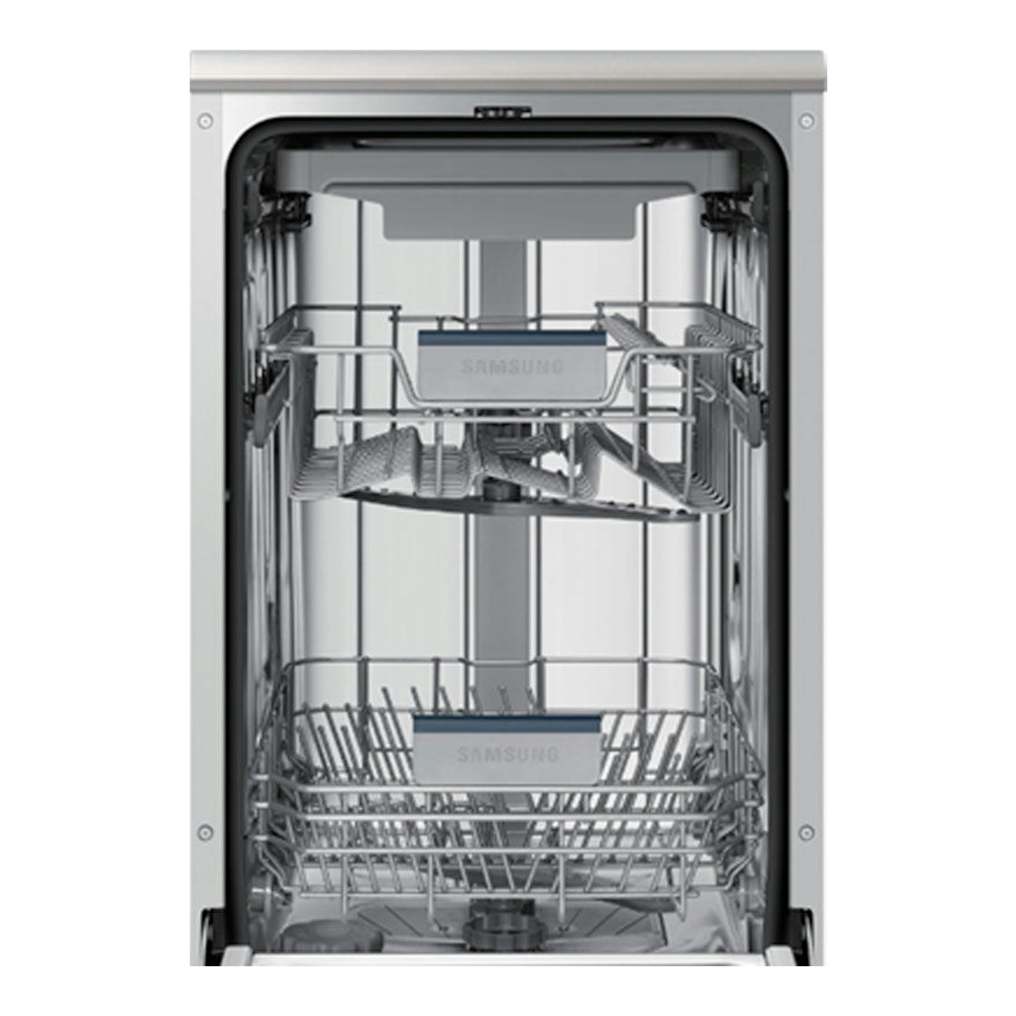 Lavavajillas Samsung DW50R4070FS/EC de 45 cm, vista frontal abierta, interior en acero inoxidable.