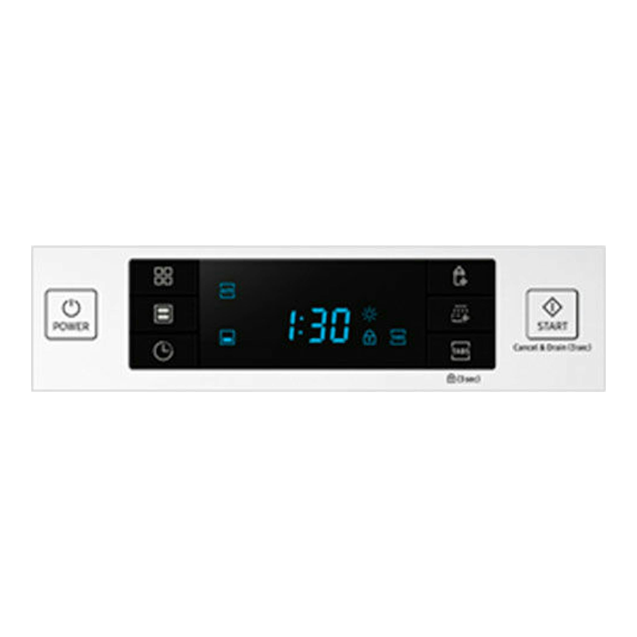 Panel de control frontal de lavavajillas Samsung DW50R4070FW/EC, blanco y negro, con display digital azul.