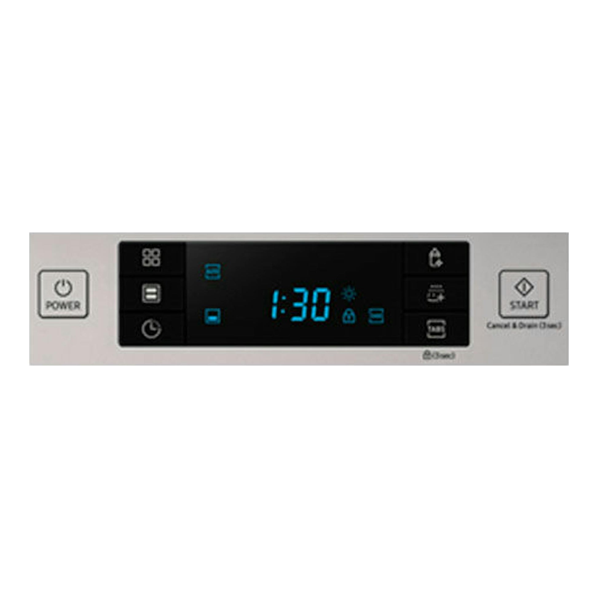 Panel de control frontal de lavavajillas Samsung DW50R4070FS/EC en acero inoxidable, con pantalla digital azul.