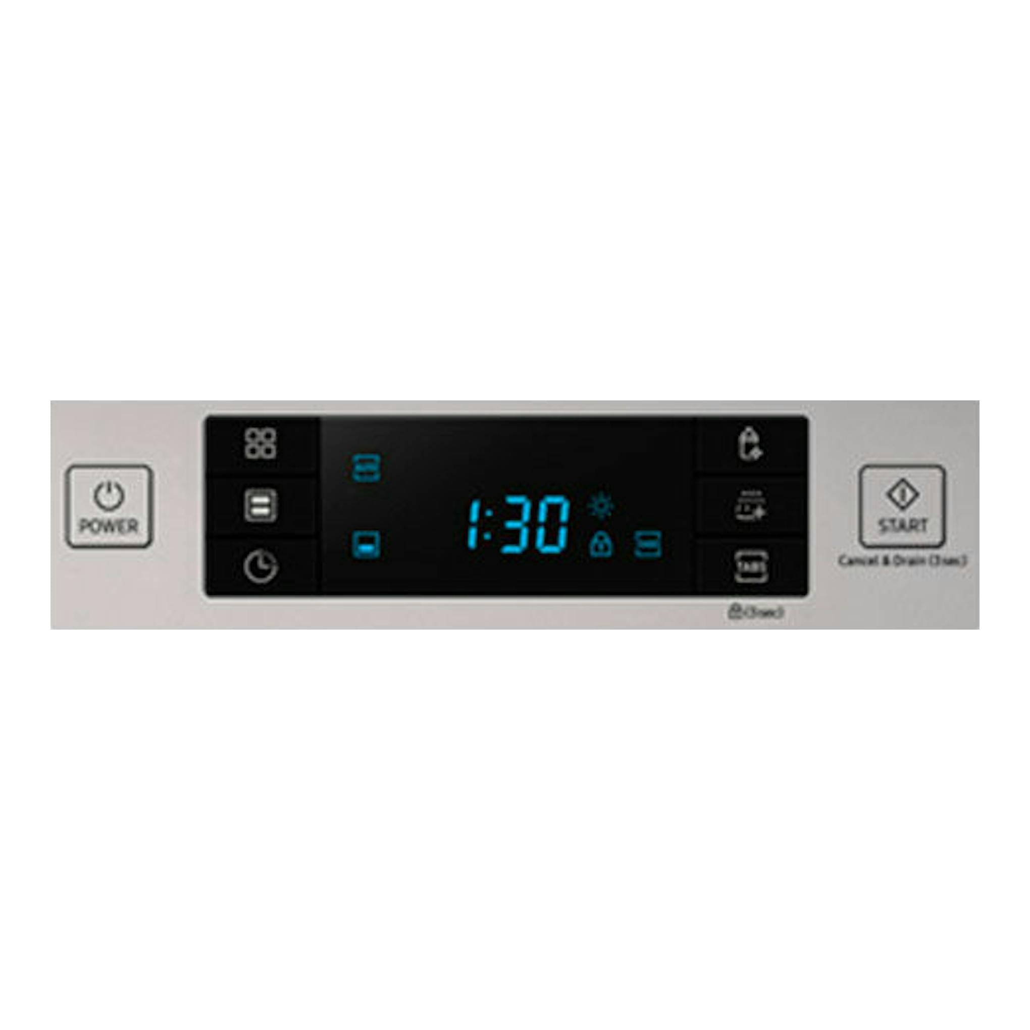 Panel de control frontal de lavavajillas Samsung DW50R4070FS/EC en acero inoxidable, con pantalla digital azul.