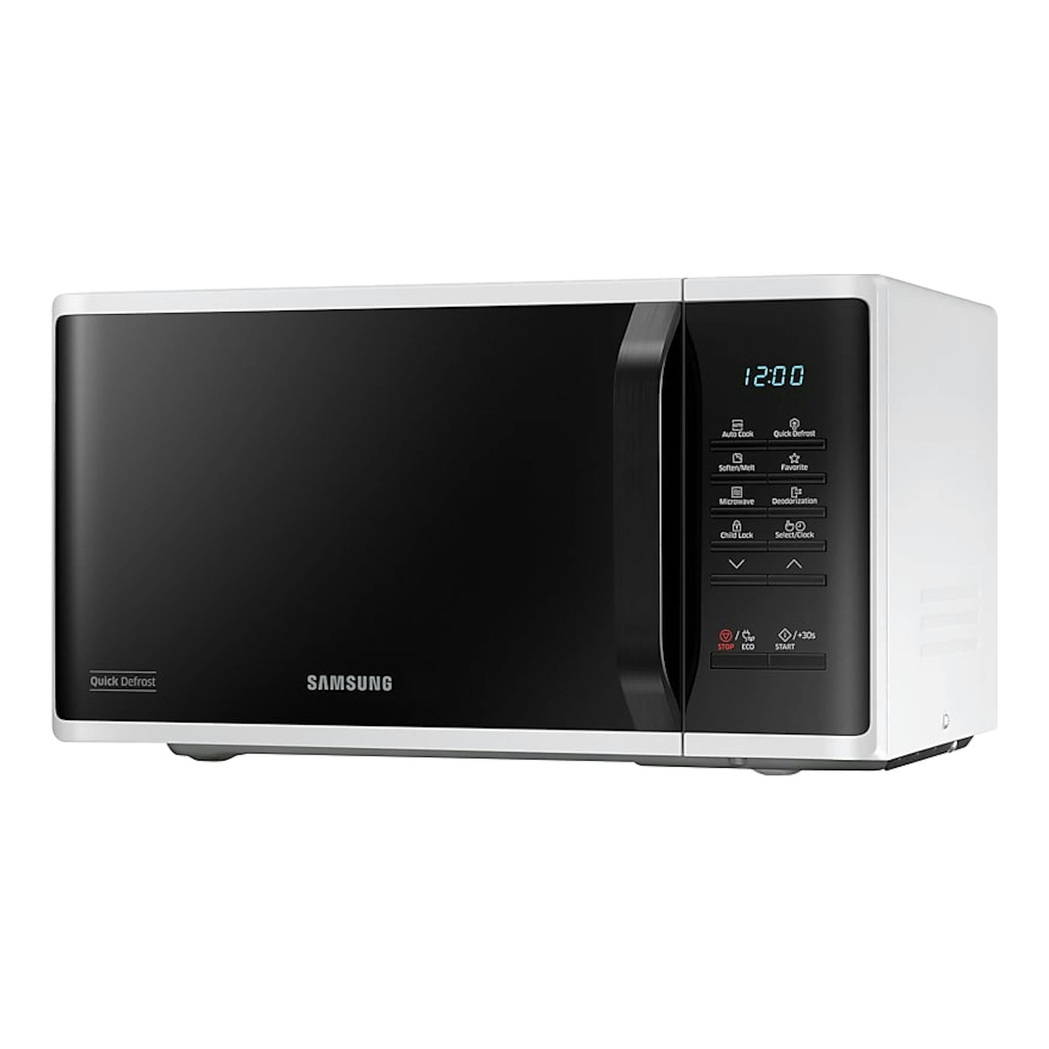 Microondas Samsung MS23K3513AW/EC blanco, vista frontal en ángulo, puerta negra y panel digital a la derecha.