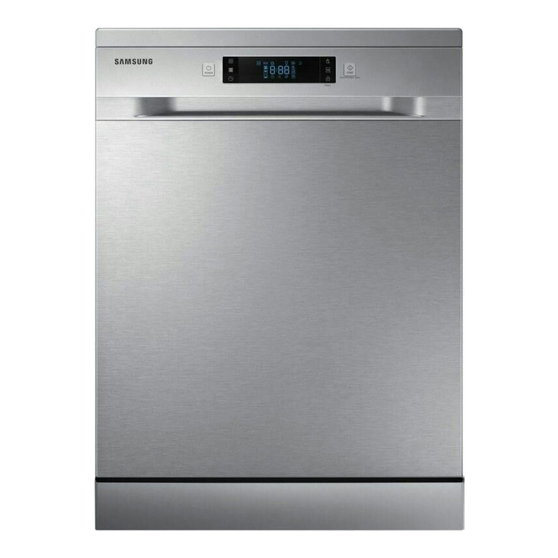 Lavavajillas Samsung DW60M6040FS/EC de acero inoxidable, vista frontal, con panel digital superior.