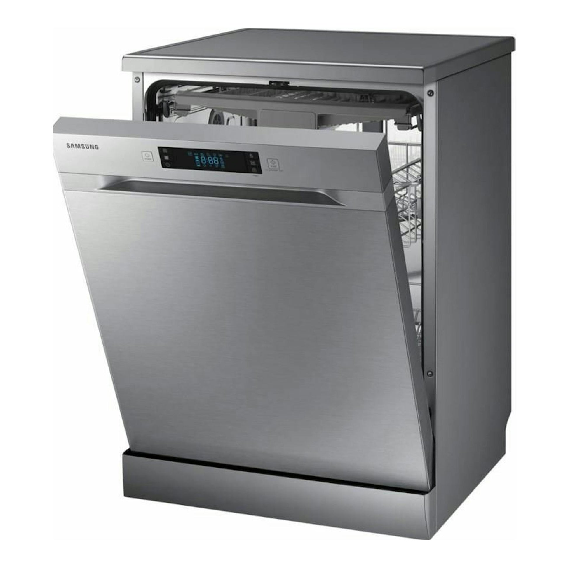 Lavavajillas Samsung DW60M6050FS/EC de acero inoxidable, vista frontal, con la puerta parcialmente abierta.