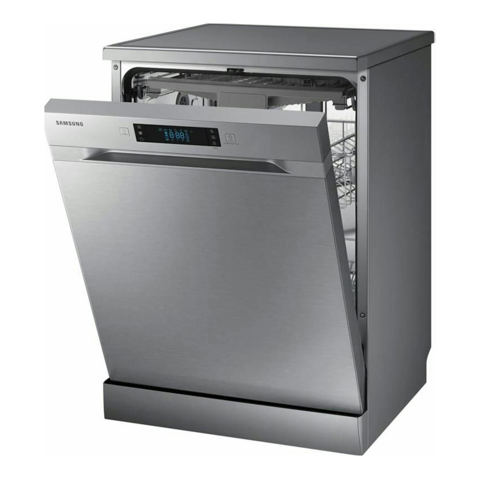 Lavavajillas Samsung DW60M6050FS/EC de acero inoxidable, vista frontal, con la puerta parcialmente abierta.