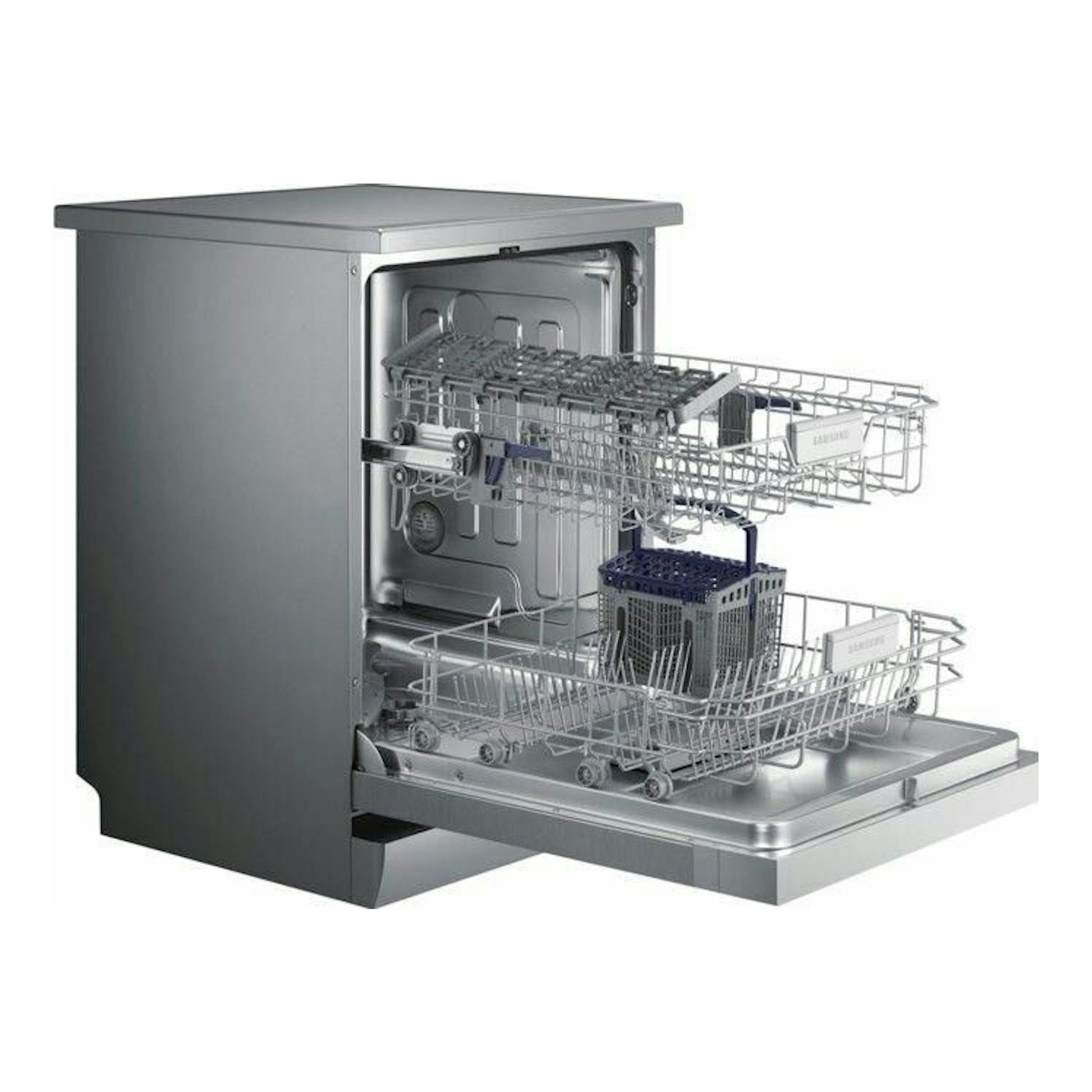 Lavavajillas Samsung DW60M6040FS/EC gris, vista lateral con puerta abierta y dos cestas extraíbles.