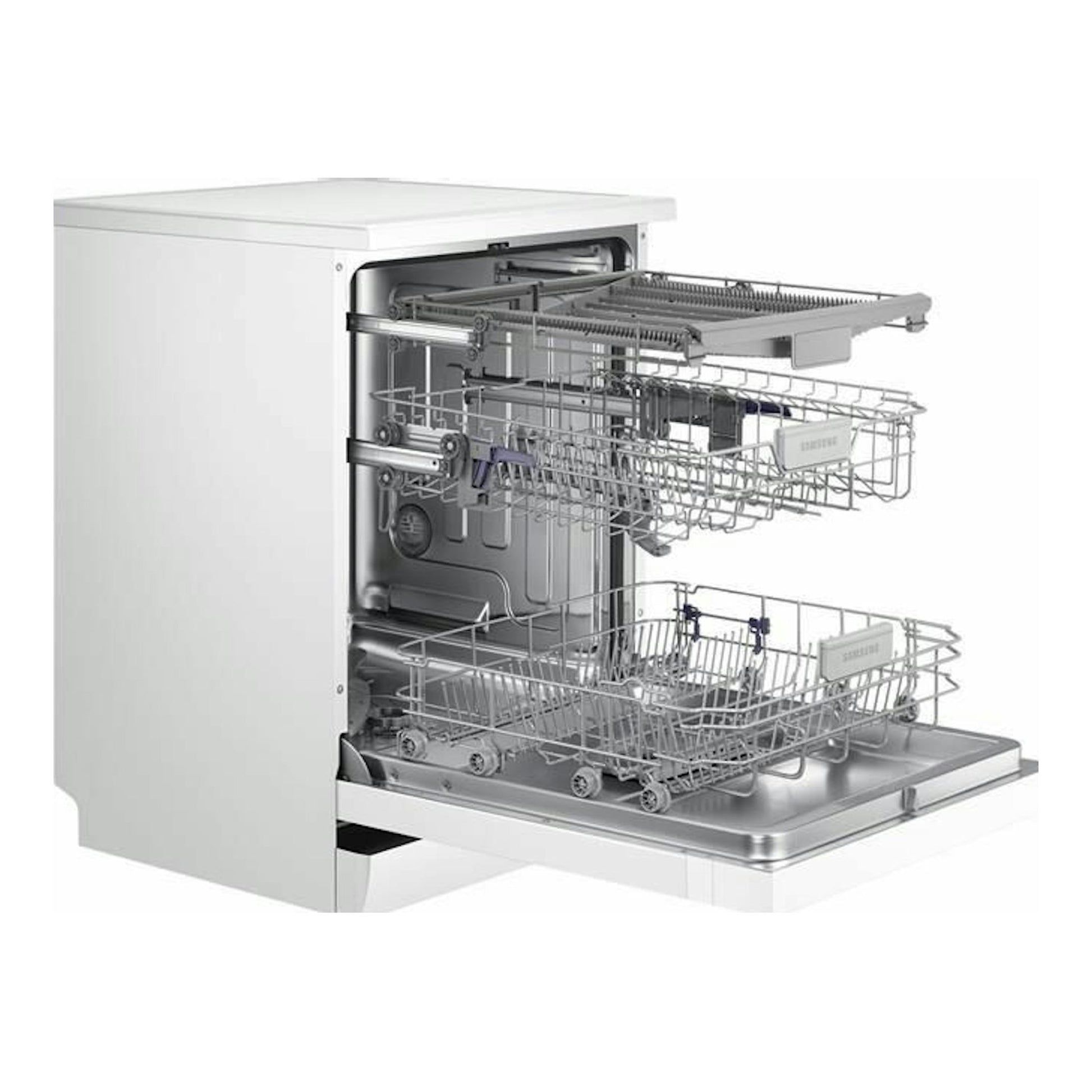 Samsung DW60M6050FW/EC, lavavajillas blanco en corte, con cestos extraídos y puerta abierta