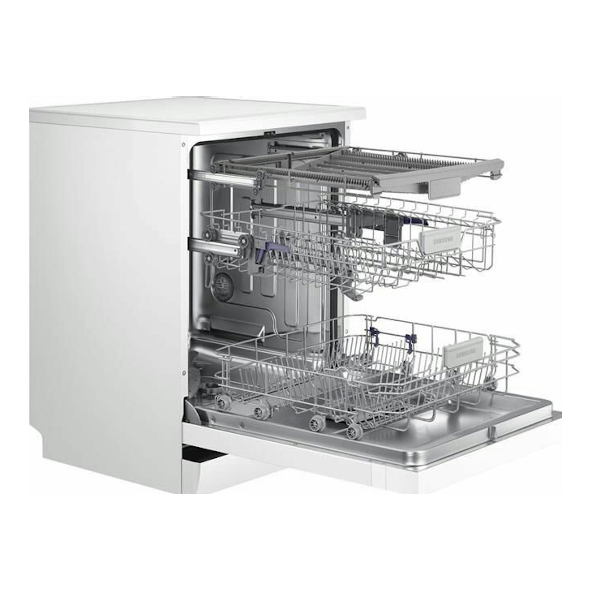 Samsung DW60M6050FW/EC, lavavajillas blanco en corte, con cestos extraídos y puerta abierta