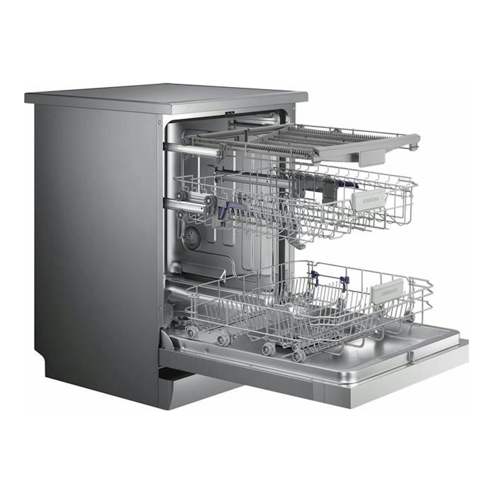 Lavavajillas Samsung DW60M6050FS/EC gris plata, vista lateral abierta con cestas interiores visibles.