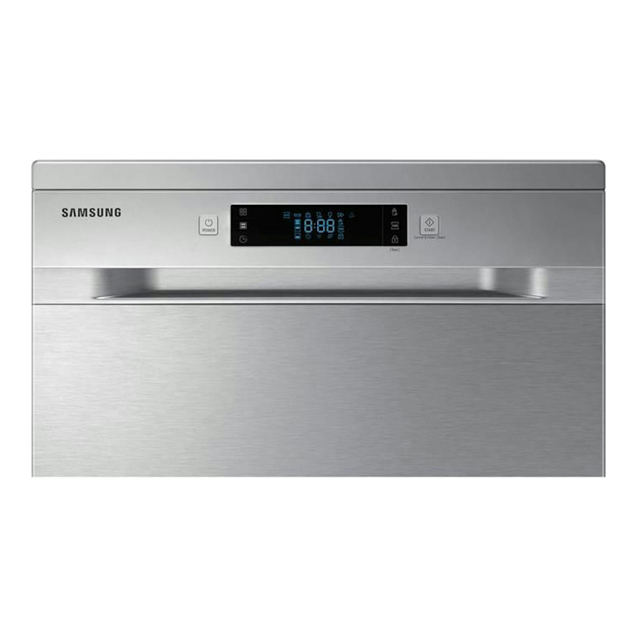 Lavavajillas Samsung DW60M6050FS/EC, vista frontal, acabado plata con panel de control digital.
