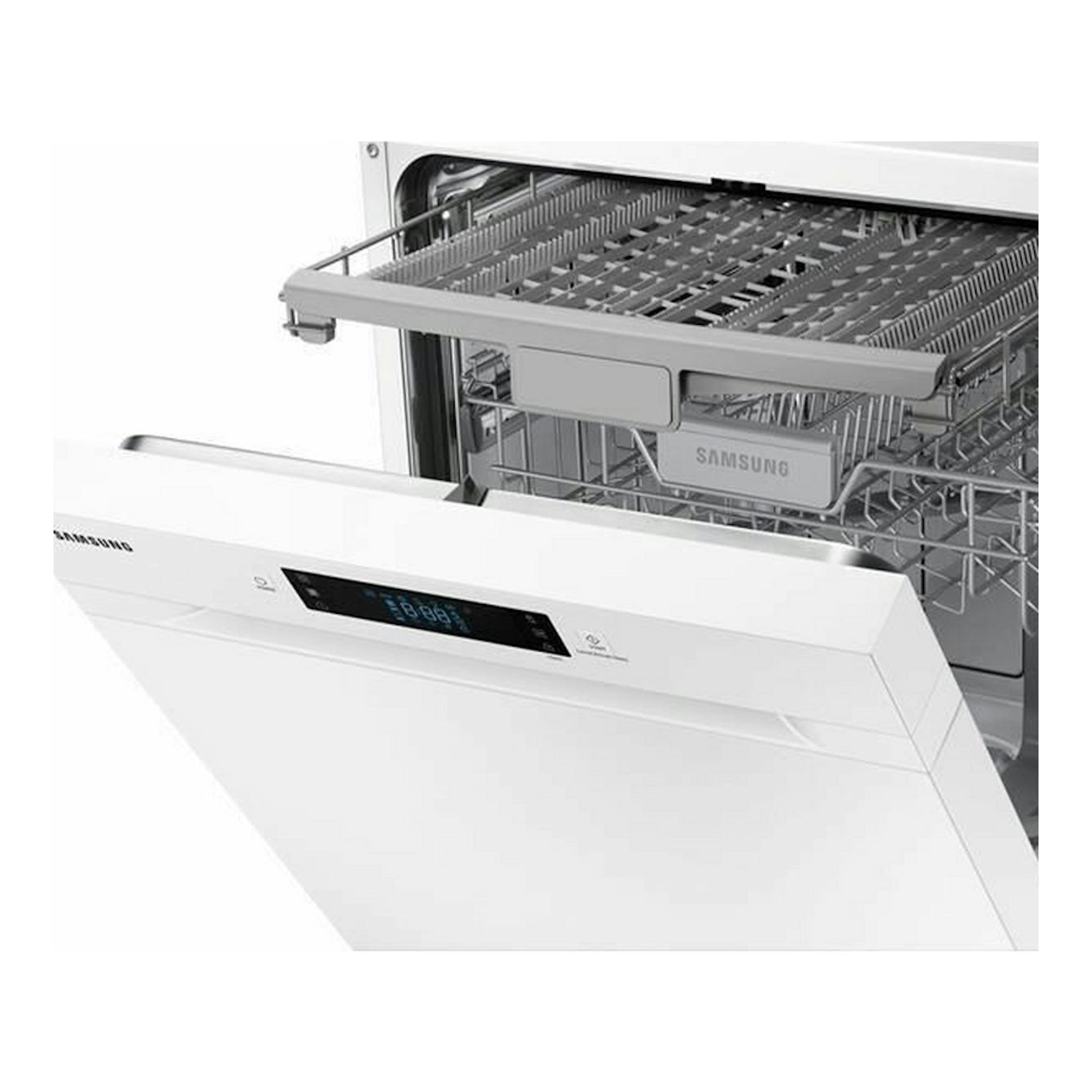 Lavavajillas Samsung DW60M6050FW/EC blanco, vista frontal con puerta abierta y cestas interiores.
