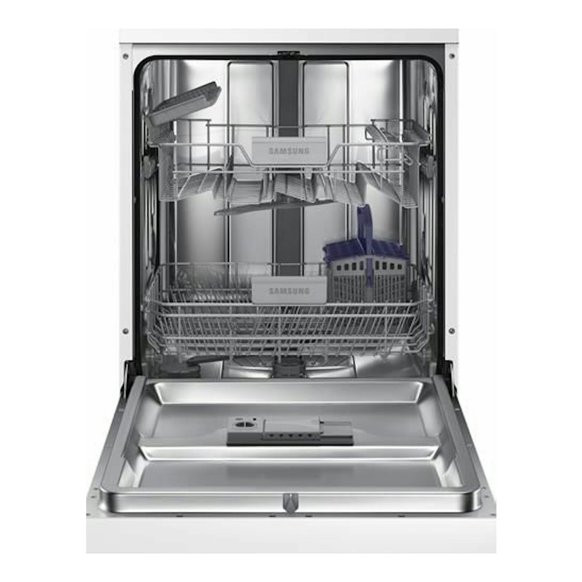 Lavavajillas Samsung DW60M6040FW/EC abierto, vista frontal, interior de acero inoxidable.