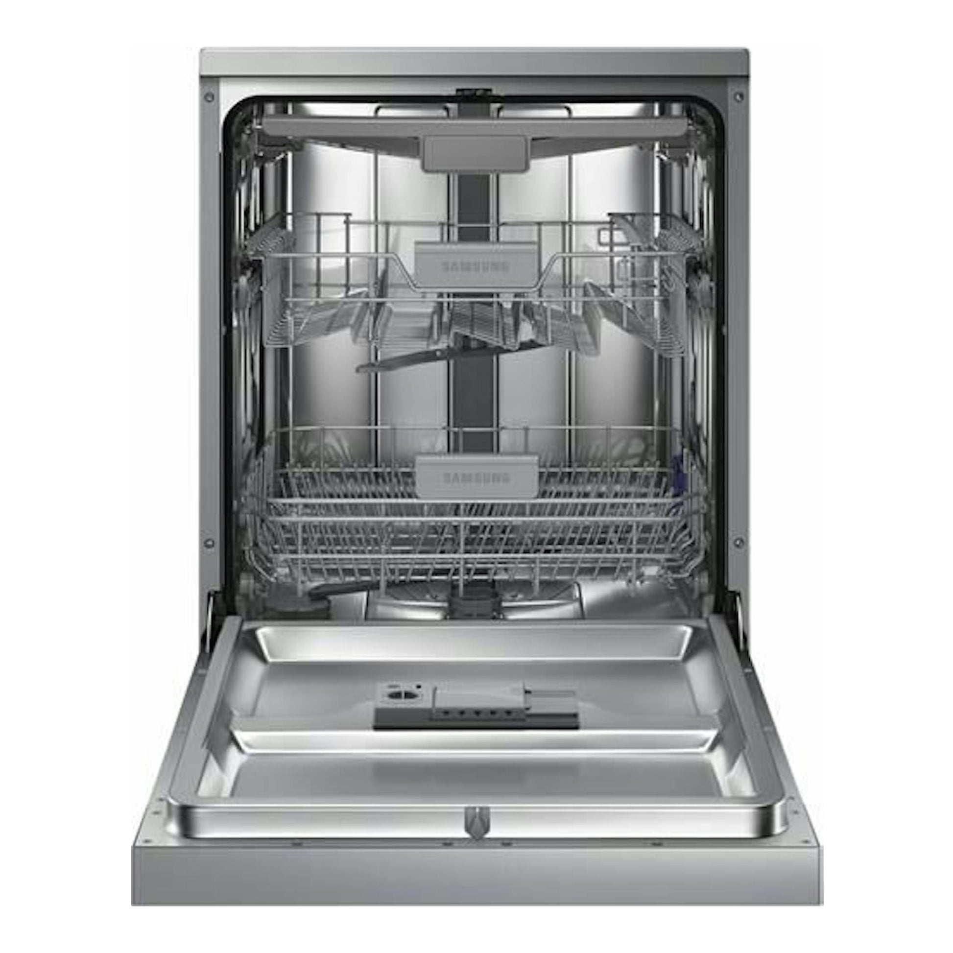 Lavavajillas Samsung DW60M6050FS/EC de acero inoxidable, vista frontal con la puerta abierta.