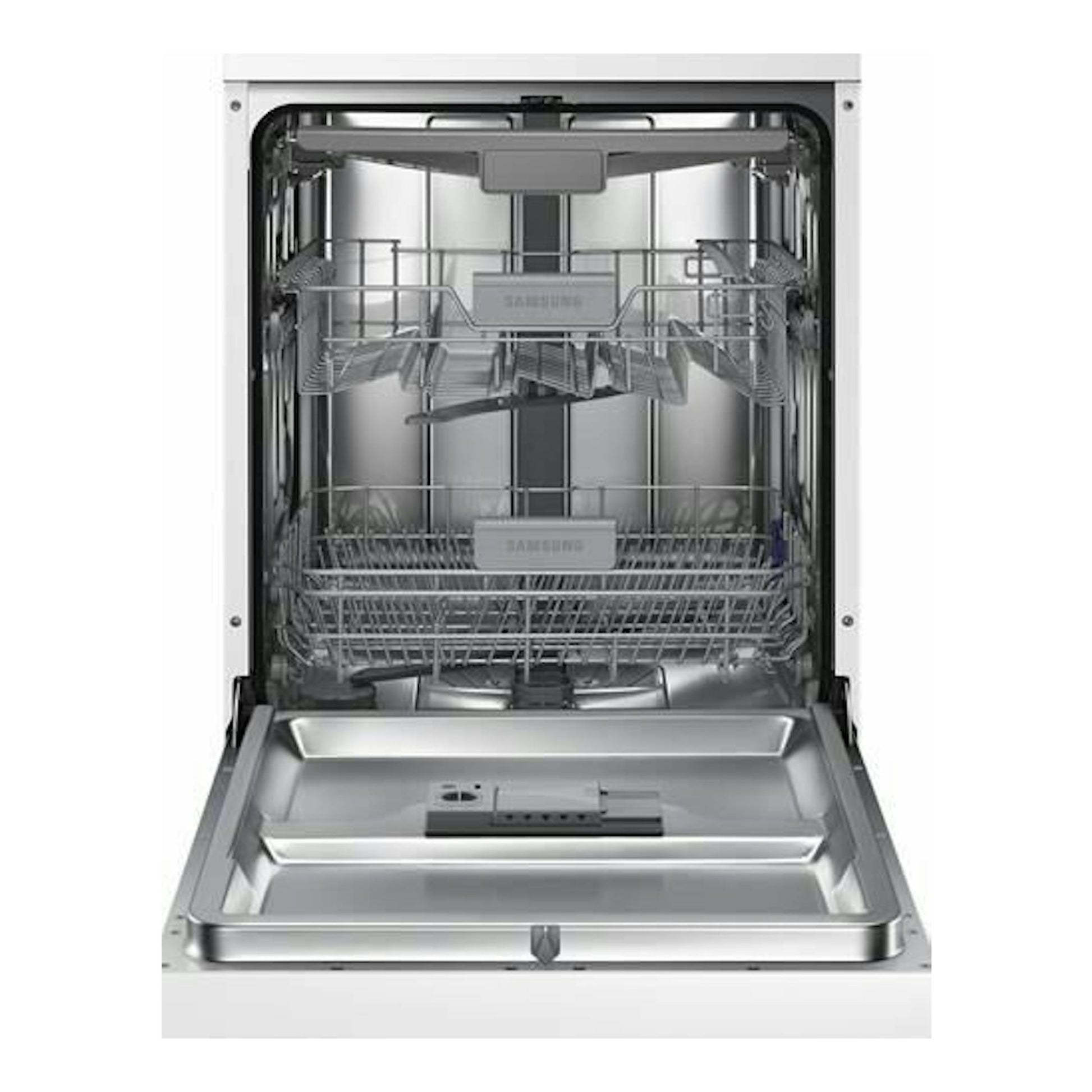 Lavavajillas Samsung DW60M6050FW/EC de 60 cm, abierto, con cestas interiores de acero inoxidable.